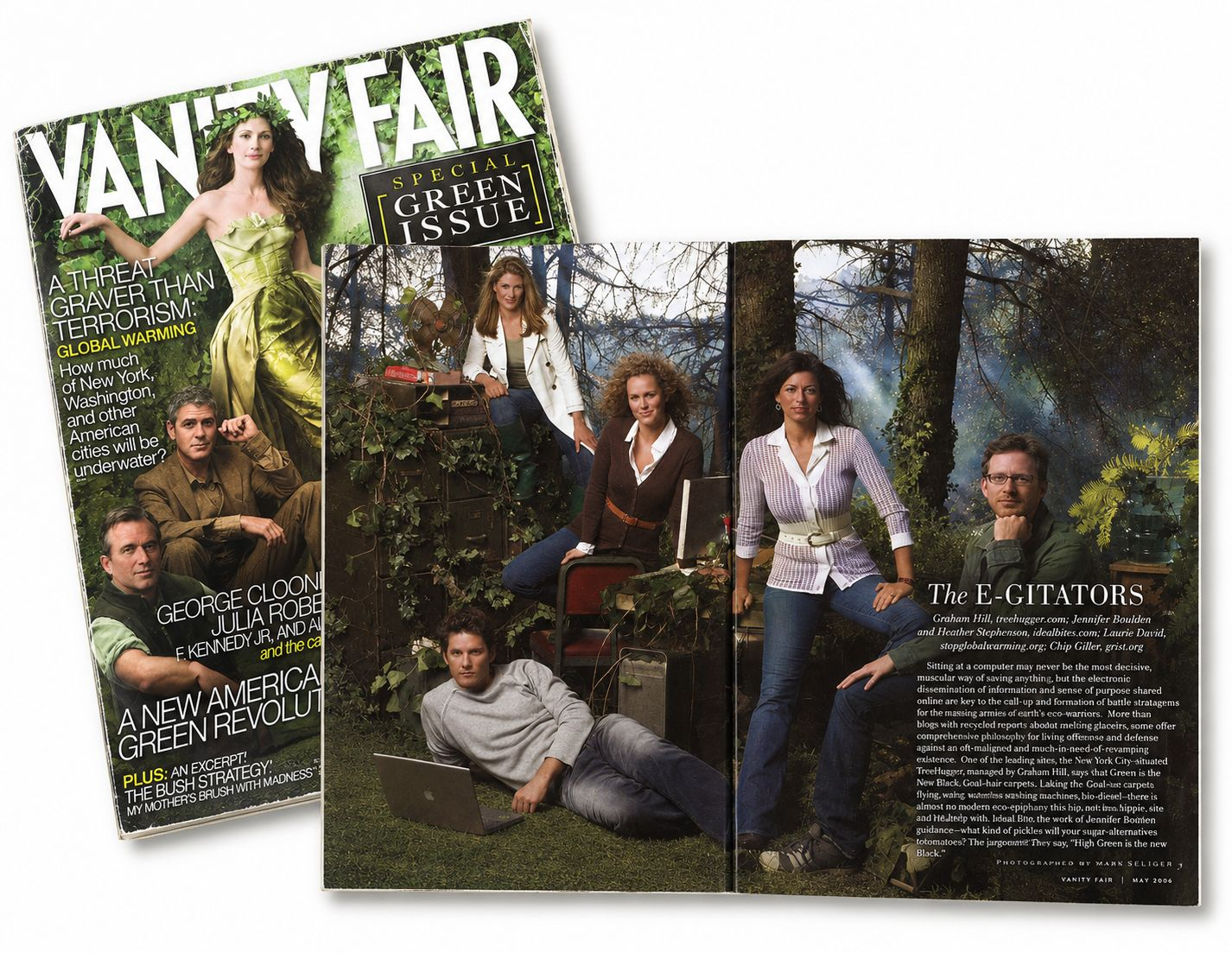Magazine cover of Vanity Fair with a woman in a green dress and a green wreath, and a three-page spread with women in a forest setting, some sitting, some standing, and one lying on the grass with a laptop.