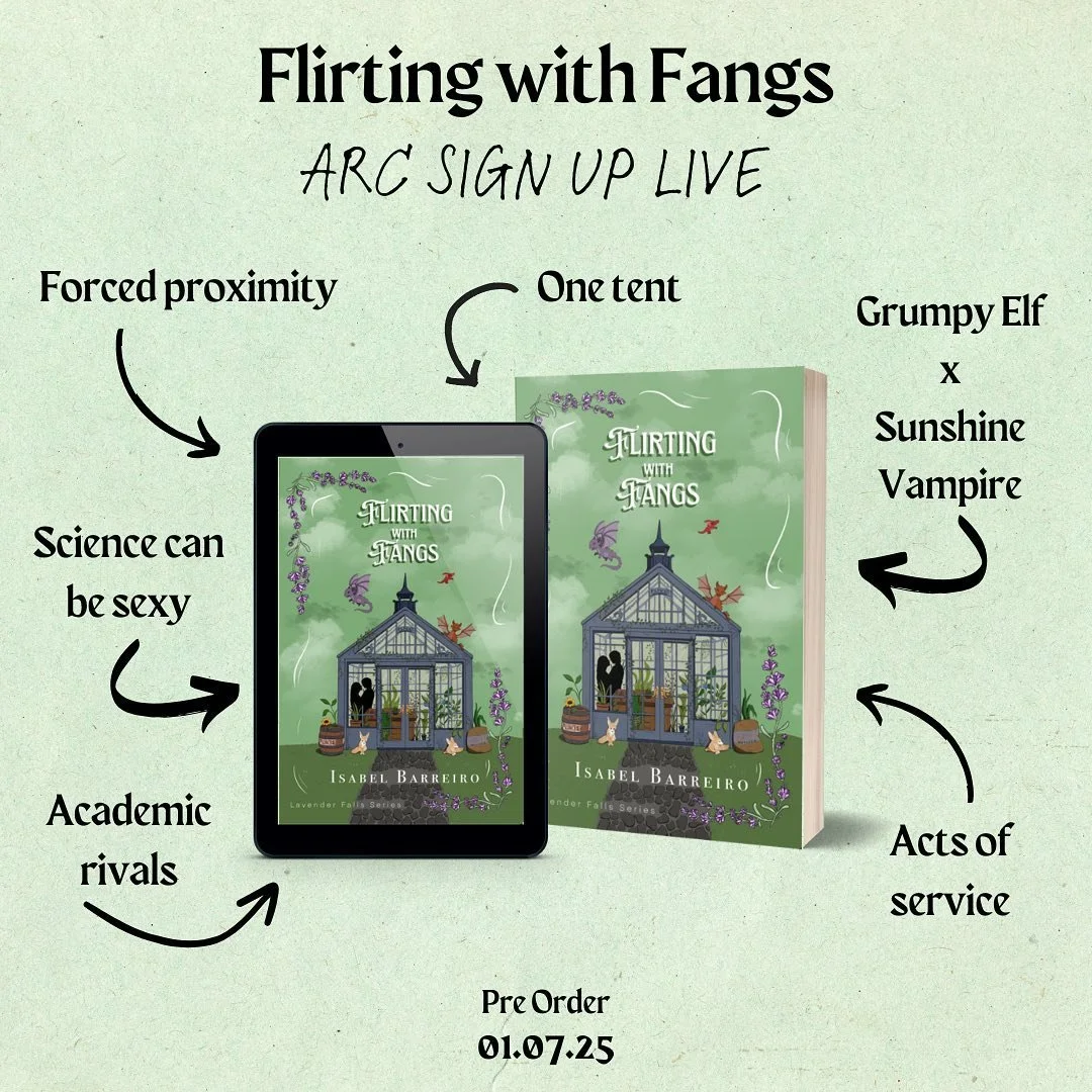 💚FLIRTING WITH FANGS ARC SIGN UPS ARE LIVE💚

🔗In the bio! 

📗Flirting with Fangs
💚 Flirty Grumpy Elf x Sunshine Vampire
🌻 Paranormal small town
💚Academic rivals
🌻One tent only
💚Magical baby creatures
🌻Forced proximity

🥃 OUT: January 7, 20
