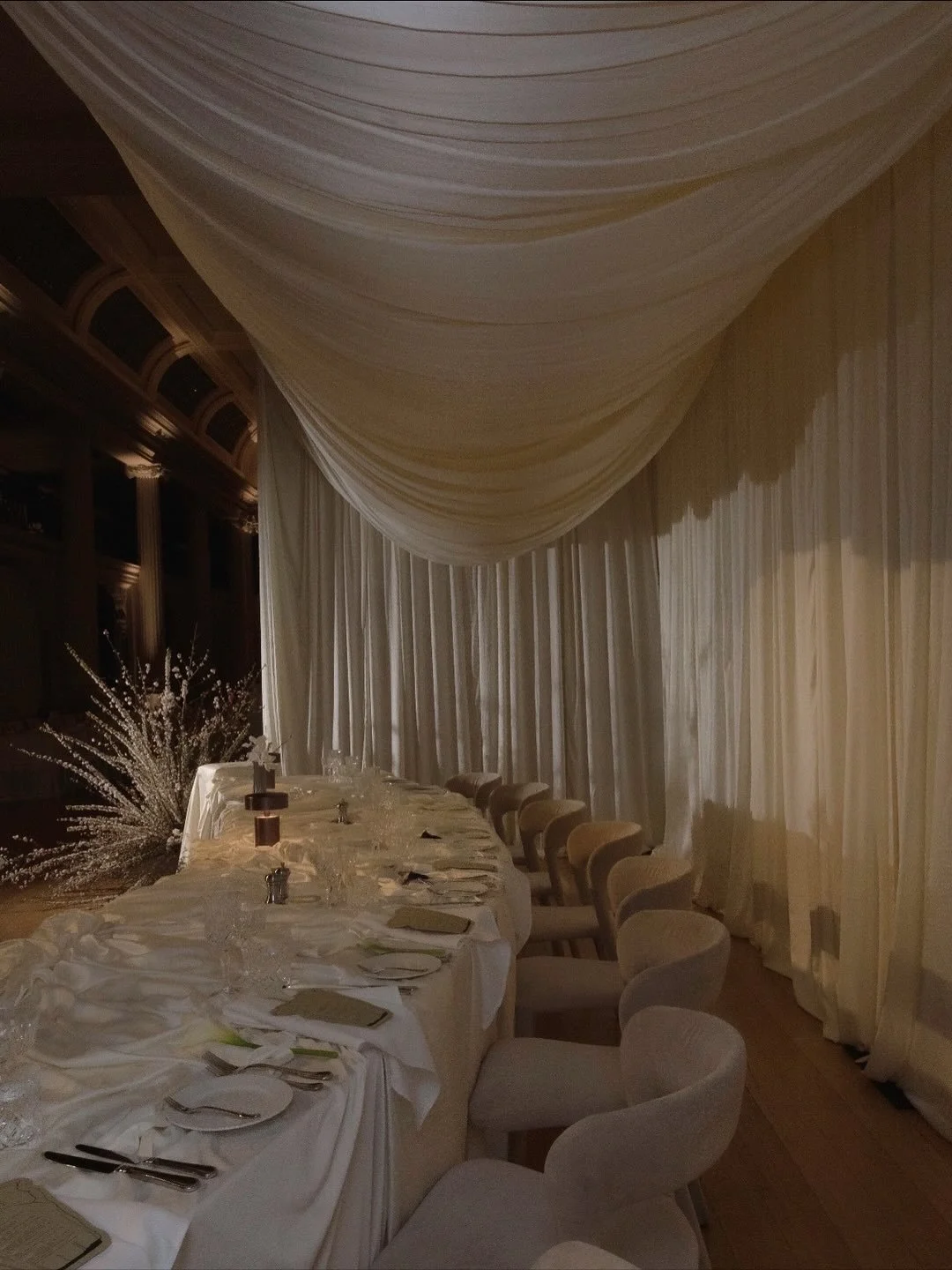 Draping at its finest for Julia &amp; Marc 🥂
⠀⠀⠀⠀⠀⠀⠀⠀⠀
Styling and Coordination: @rufflesandbells 
Venue: @library_vic
Photographer: @erinnealephotography
Videographer: @moonandbackco
Florals: @stelo.studio
Stationery + Signage: @hallandsons_ 
Drapi