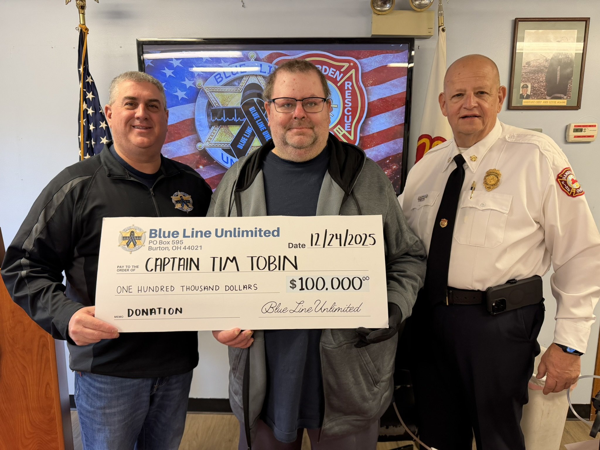 Blue Line Unlimited Presents Hambden Fire Captain Tim Tobin with $106,250 After House Explosion