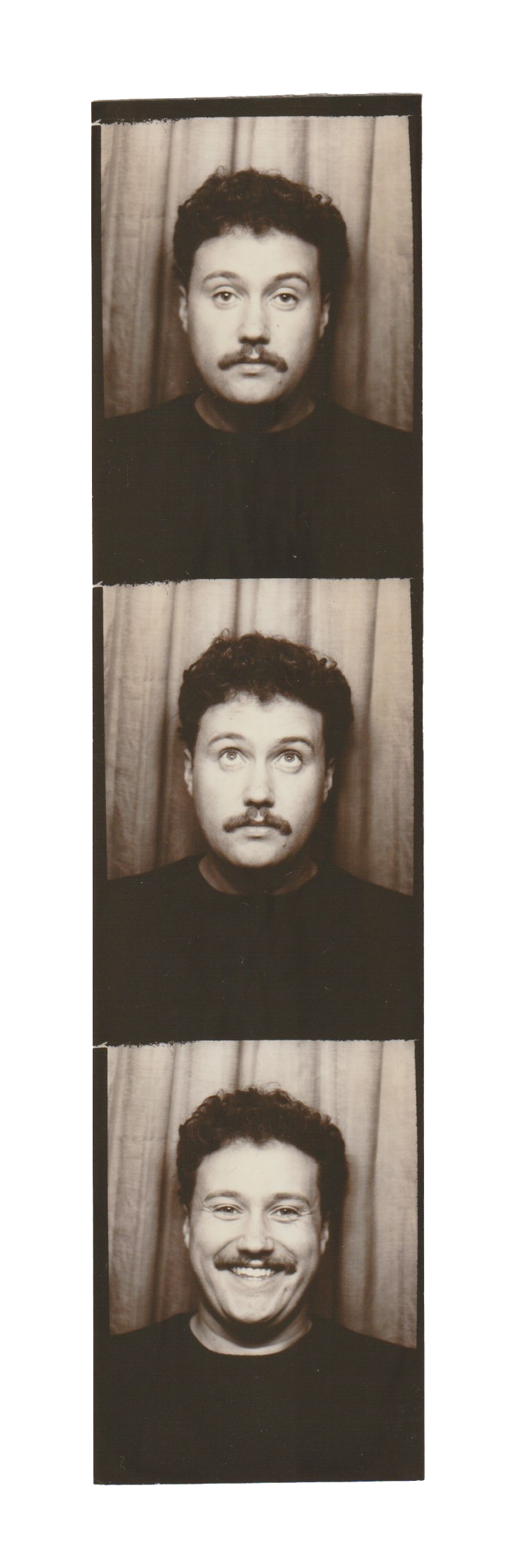 Series of three vintage photo booth pictures of a man with dark curly hair and a moustache, showing different facial expressions.