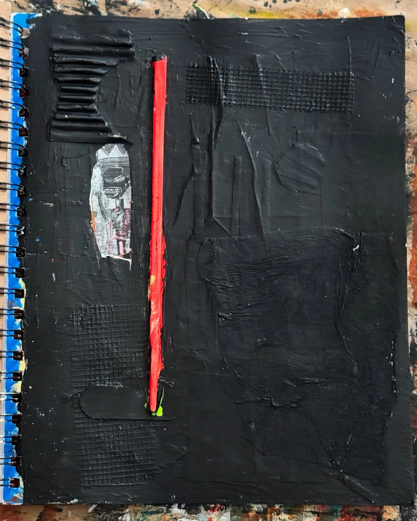 Sketchbook cover

I love working on my sketchbook cover&rsquo;s.✍️

Textures with cardboard and a chopstick. 
Contrast with some Jean-Michel Basquiat art. 
Have fun with it. 

➡️ Follow @juanchavezart