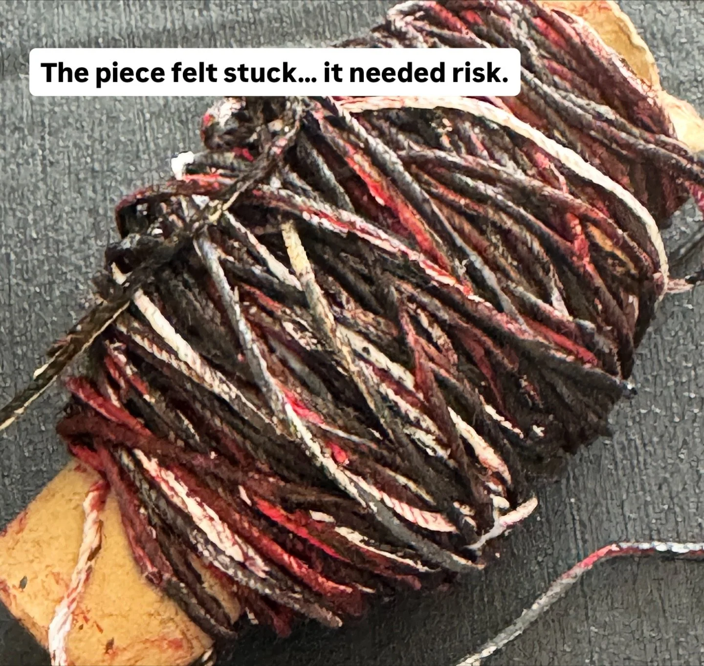 The piece felt stuck.
I needed risk.
So I reached for twine, glued, peeled, and painted until rhythm appeared again.
Sometimes that one bold move changes everything.

This piece is now available, for collectors who connect with texture, risk, and rhy