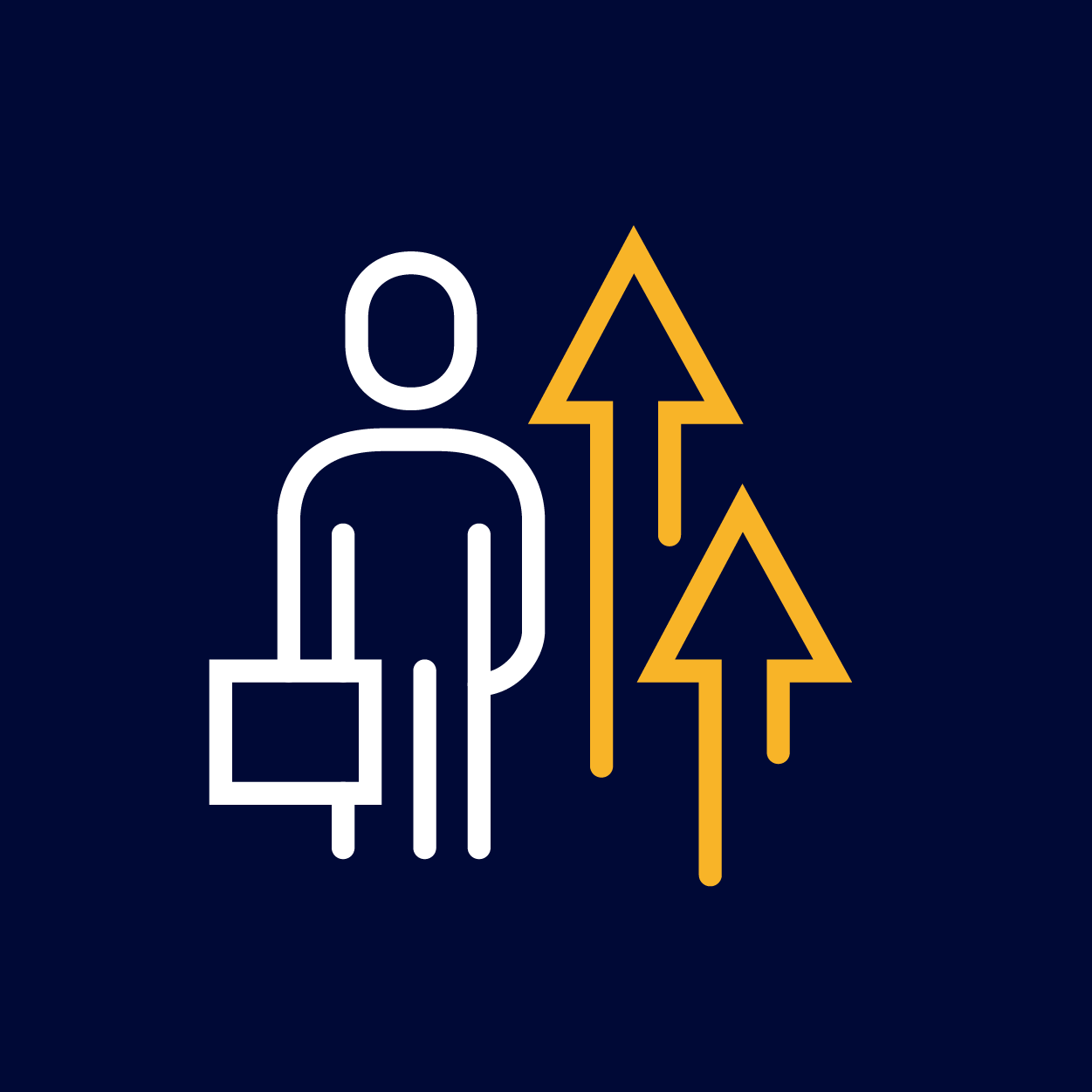 Illustration of a person with a briefcase, accompanied by three upward arrows in yellow.