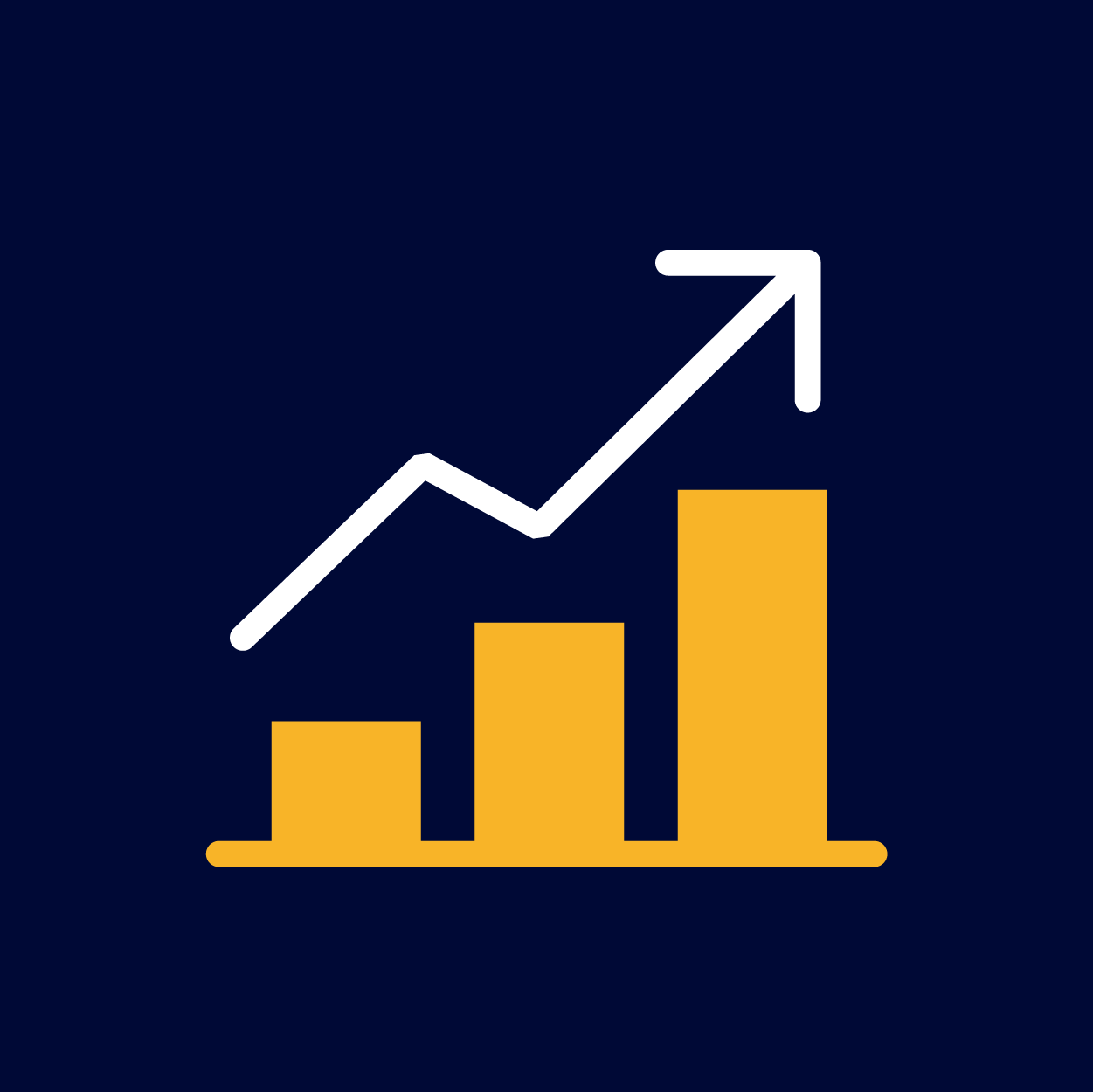Graph showing increasing yellow bars and a white upward trending line with arrow on dark blue background.