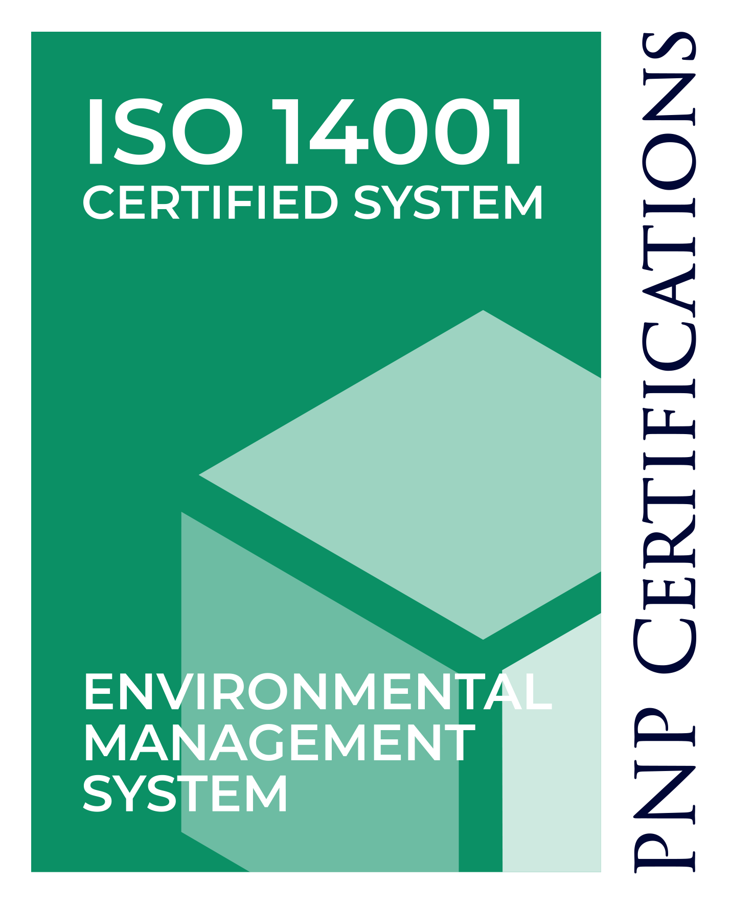A certification label for ISO 14001, indicating the certified environmental management system, with a large green arrow and dark blue side text reading 'CERTIFICATION'.
