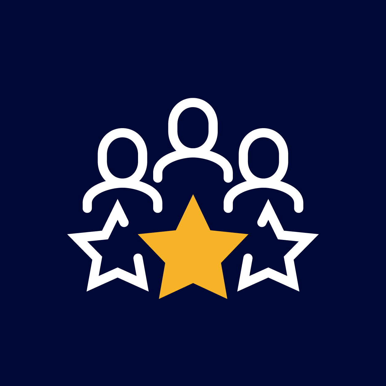 Icon of three people with a gold star and two white stars beneath them, representing recognition or achievement.