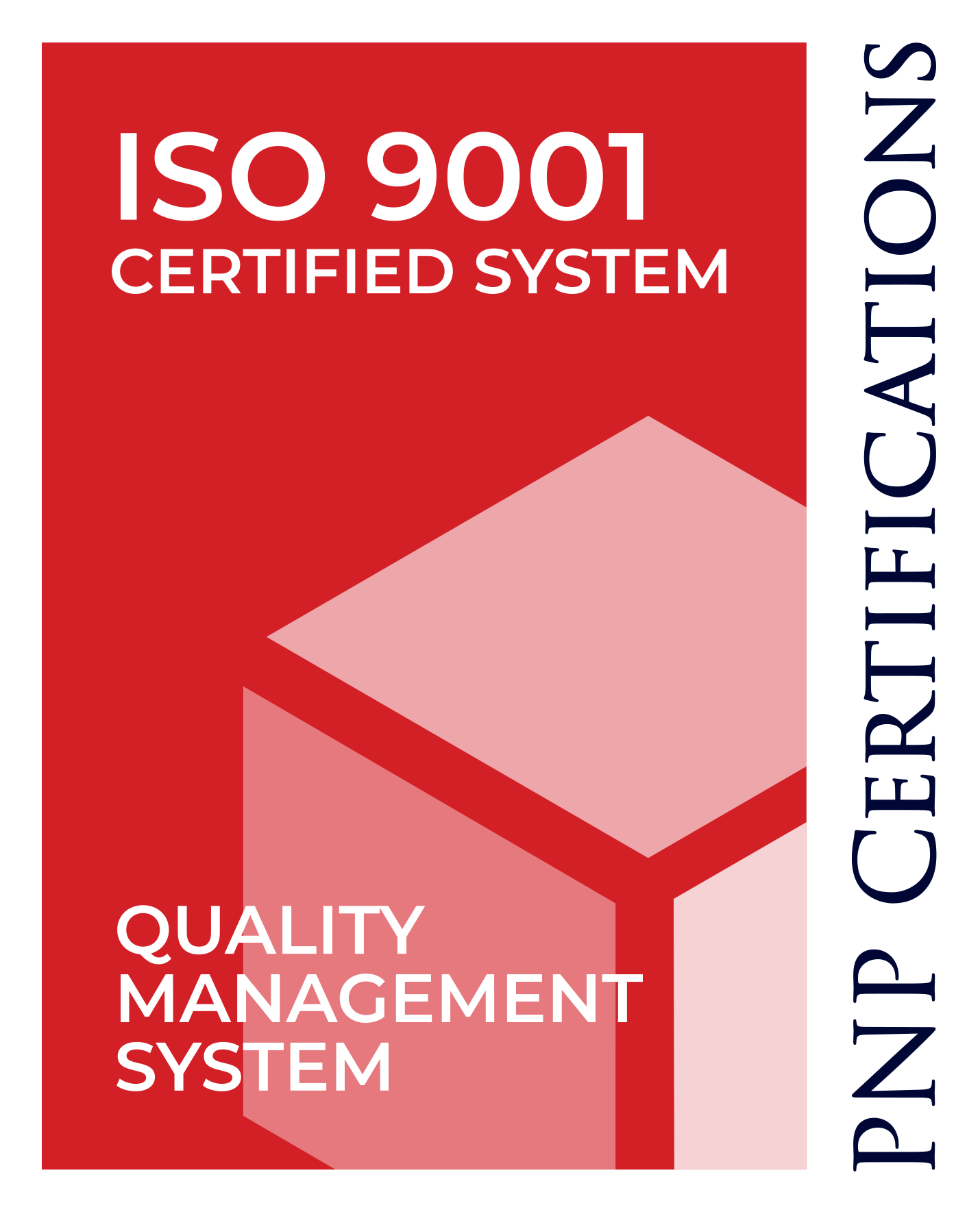 Certifications and system details on a business or quality management system certificate, featuring a red background with geometric design elements and black vertical bar with blue text, including ISO 9001 certification.