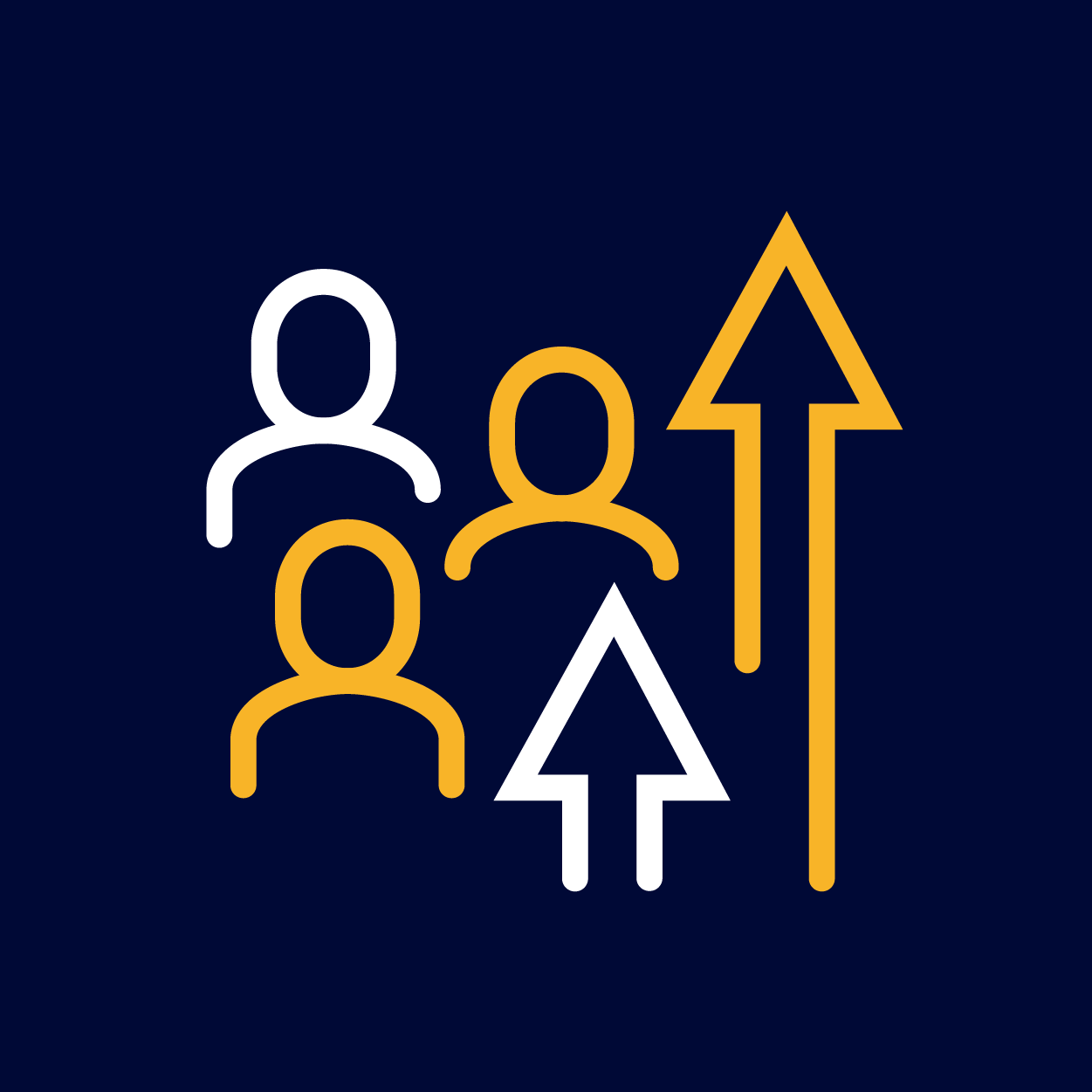 Icon of three people and upward arrows indicating growth or increase, in white and gold on a navy blue background.