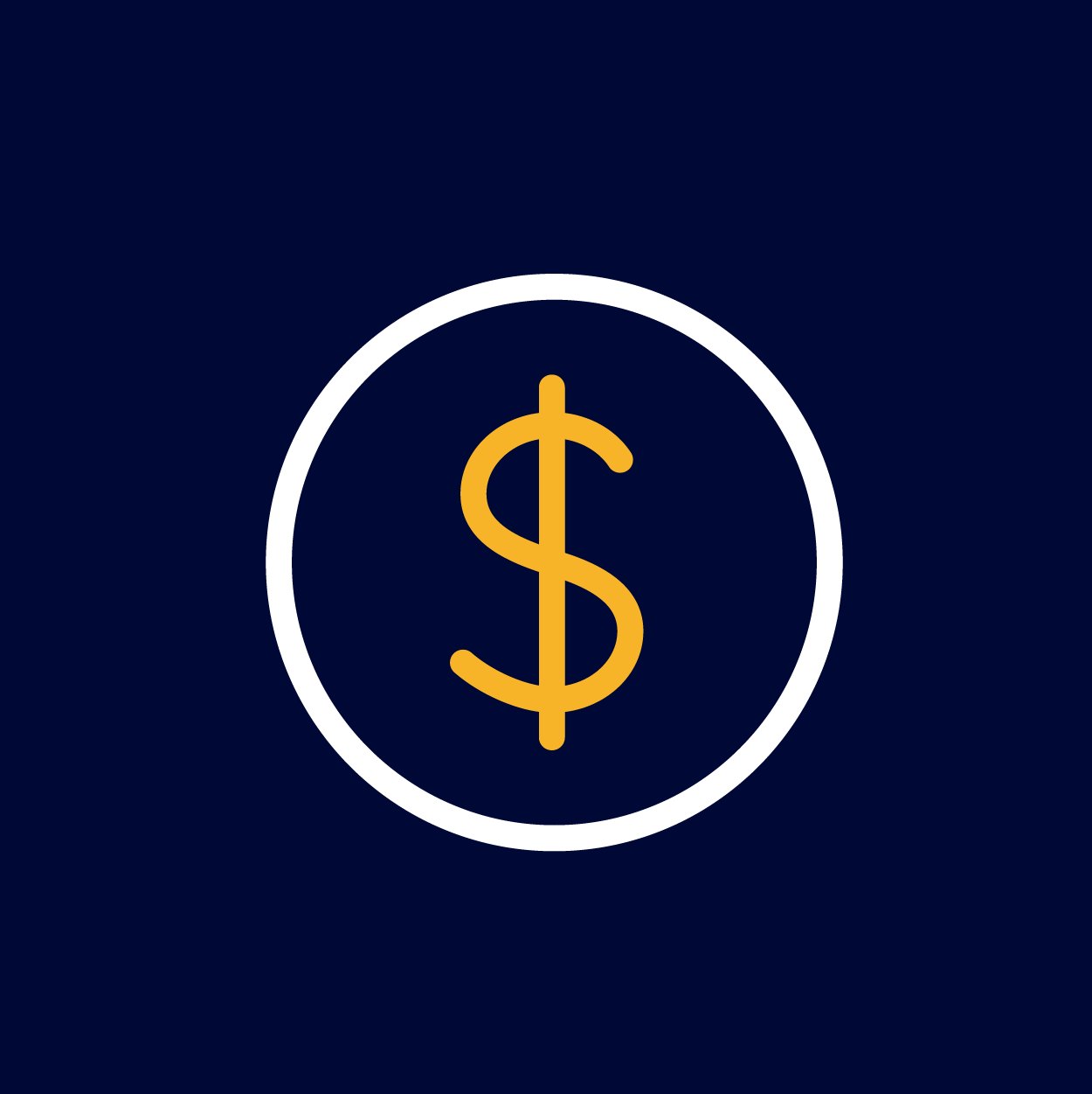 Digital illustration of a gold dollar sign inside a white circle on a dark blue background.