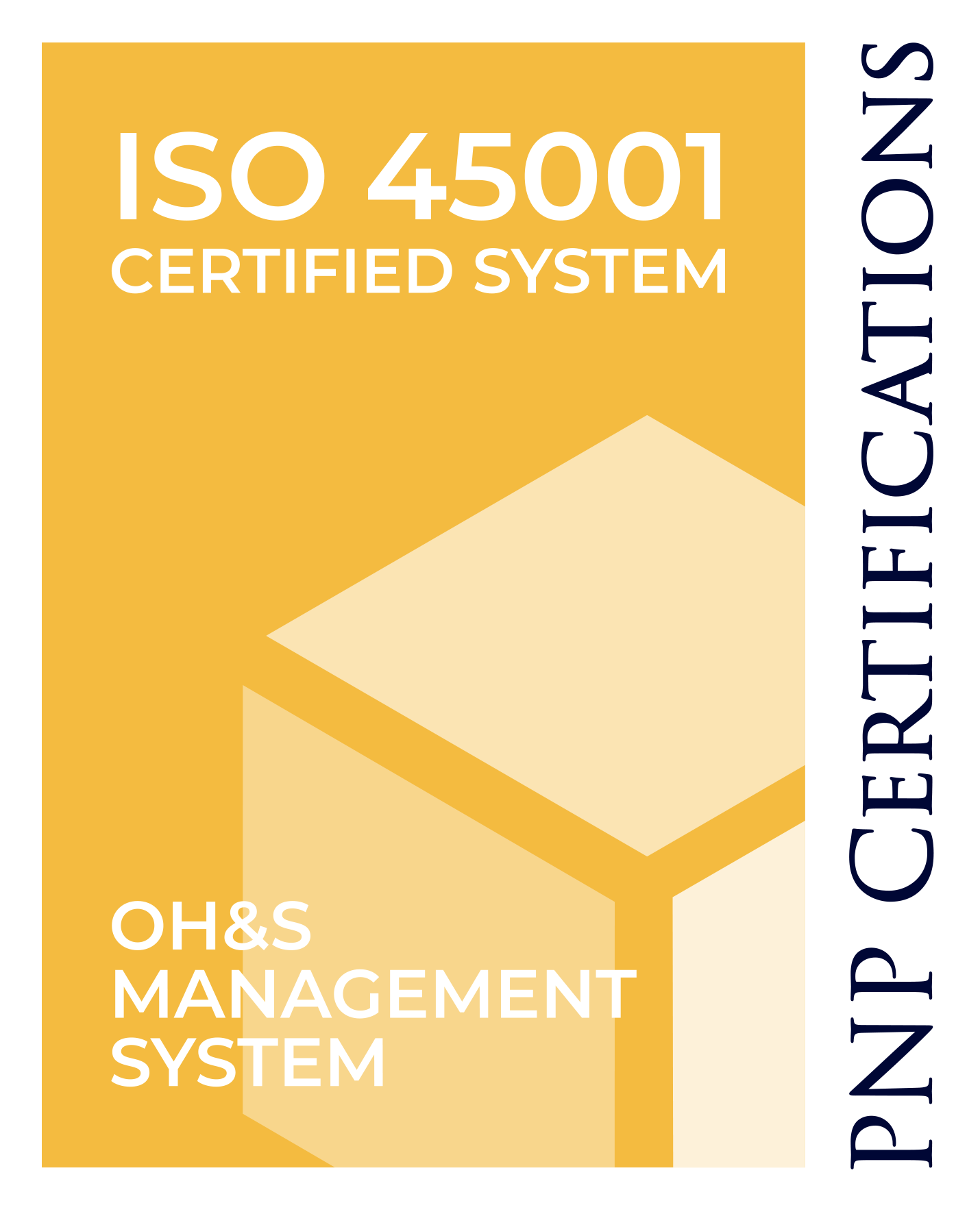 A certification badge with a black background, gold and cream geometric shapes, and white and navy blue text indicating ISO 45001 certification for an occupational health and safety management system.