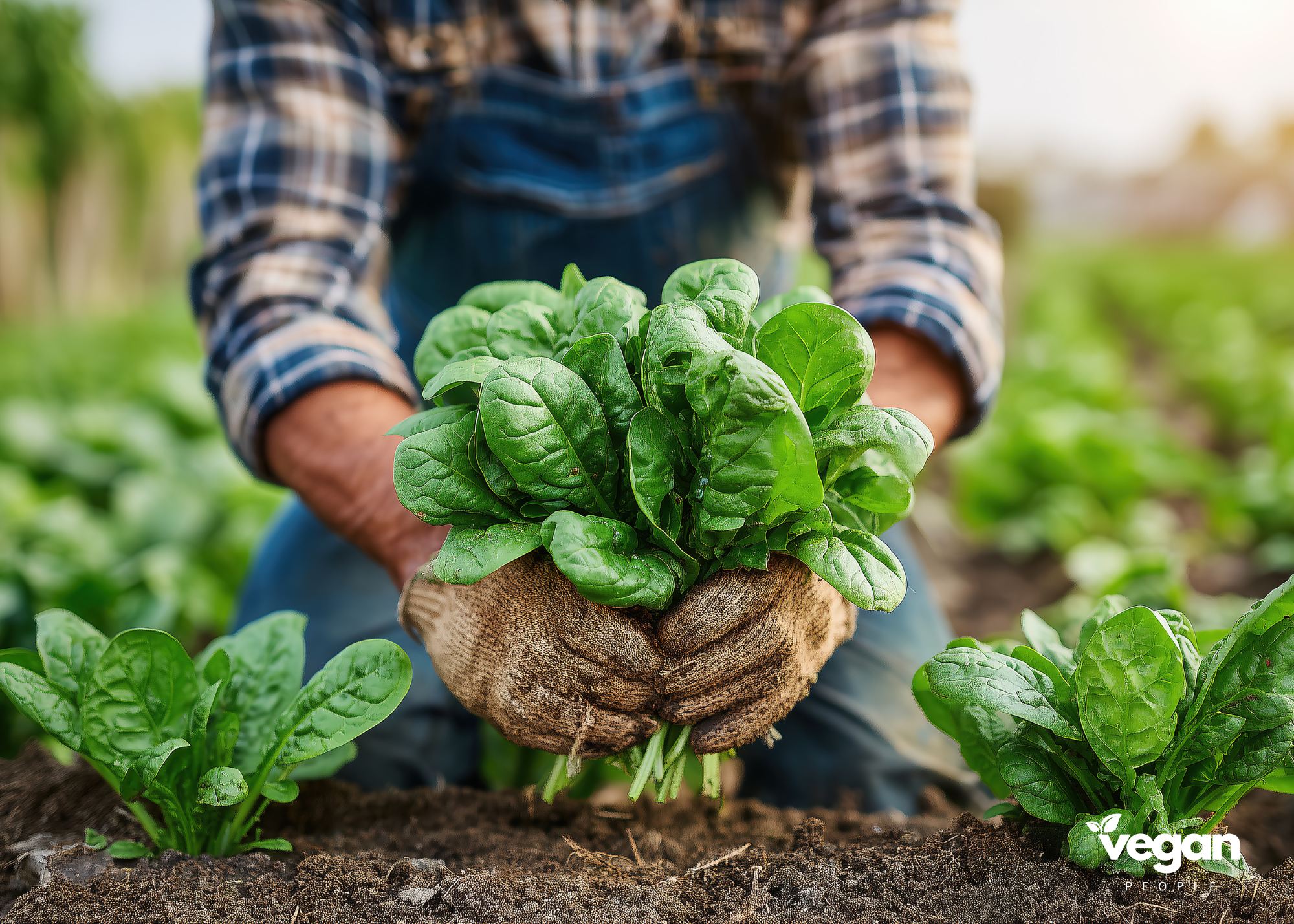 Infographic showing hands with gloves grasping spinach
