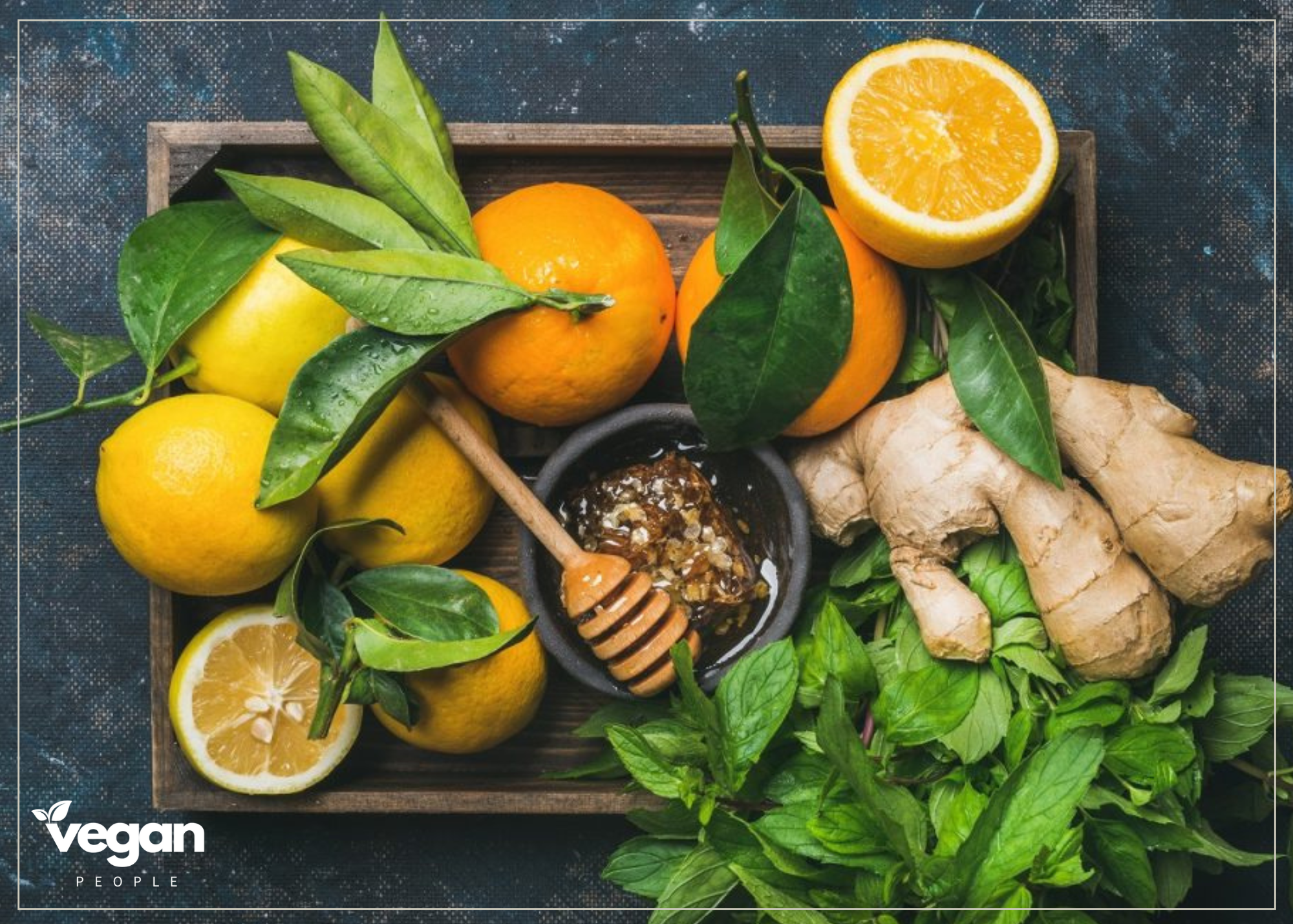 immune-supporting plant foods including citrus, lentils, pumpkin seeds, berries, garlic, ginger, and leafy greens on a wooden board.