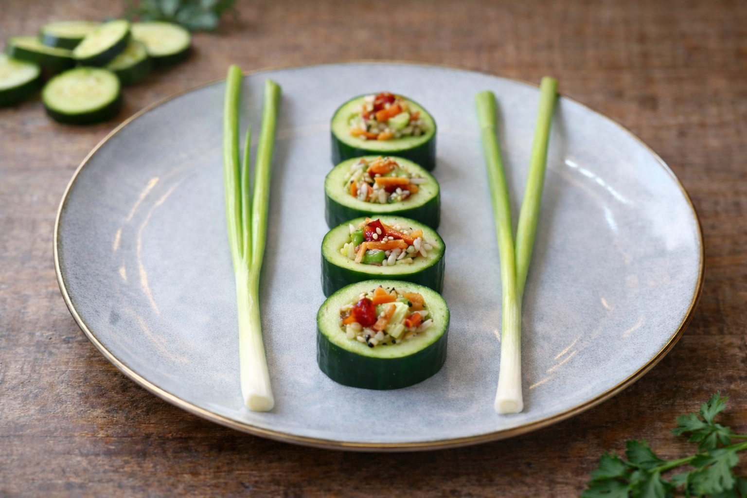 Vegan cucumber rolls filled with vegetables and herbs arranged on a ceramic plate