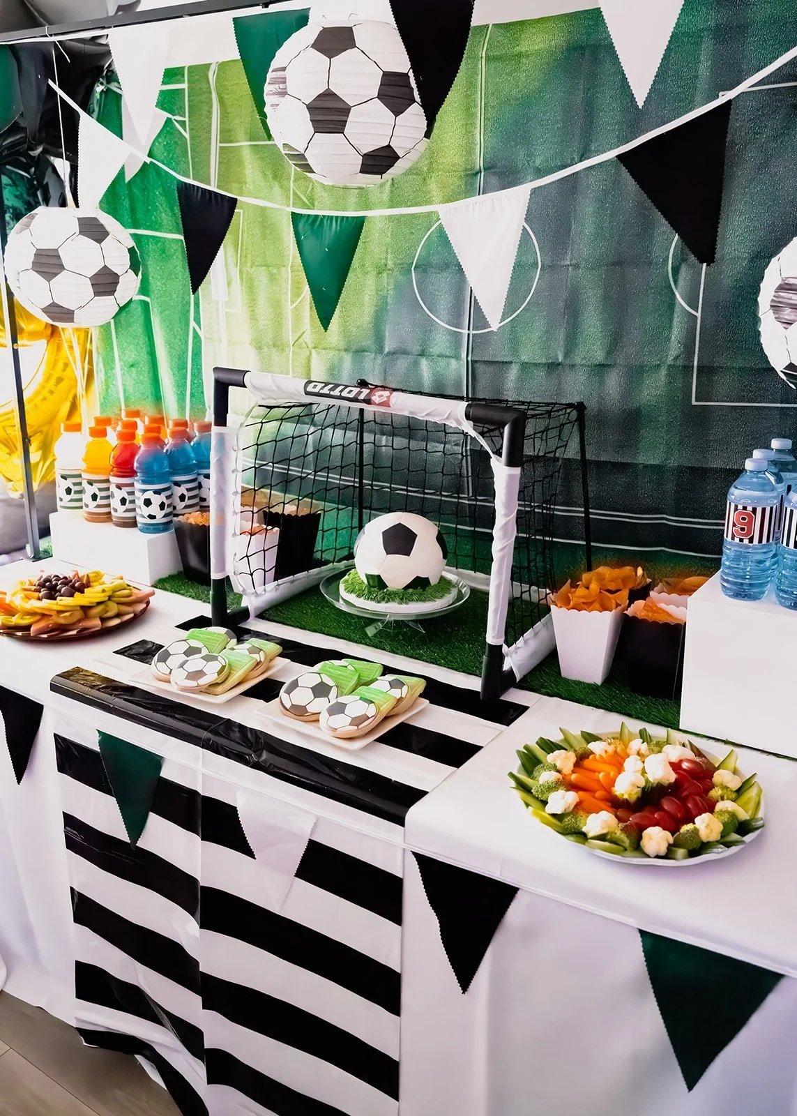 A soccer birthday party table set up designed and planned by Calgary event planner Neesa and Co.