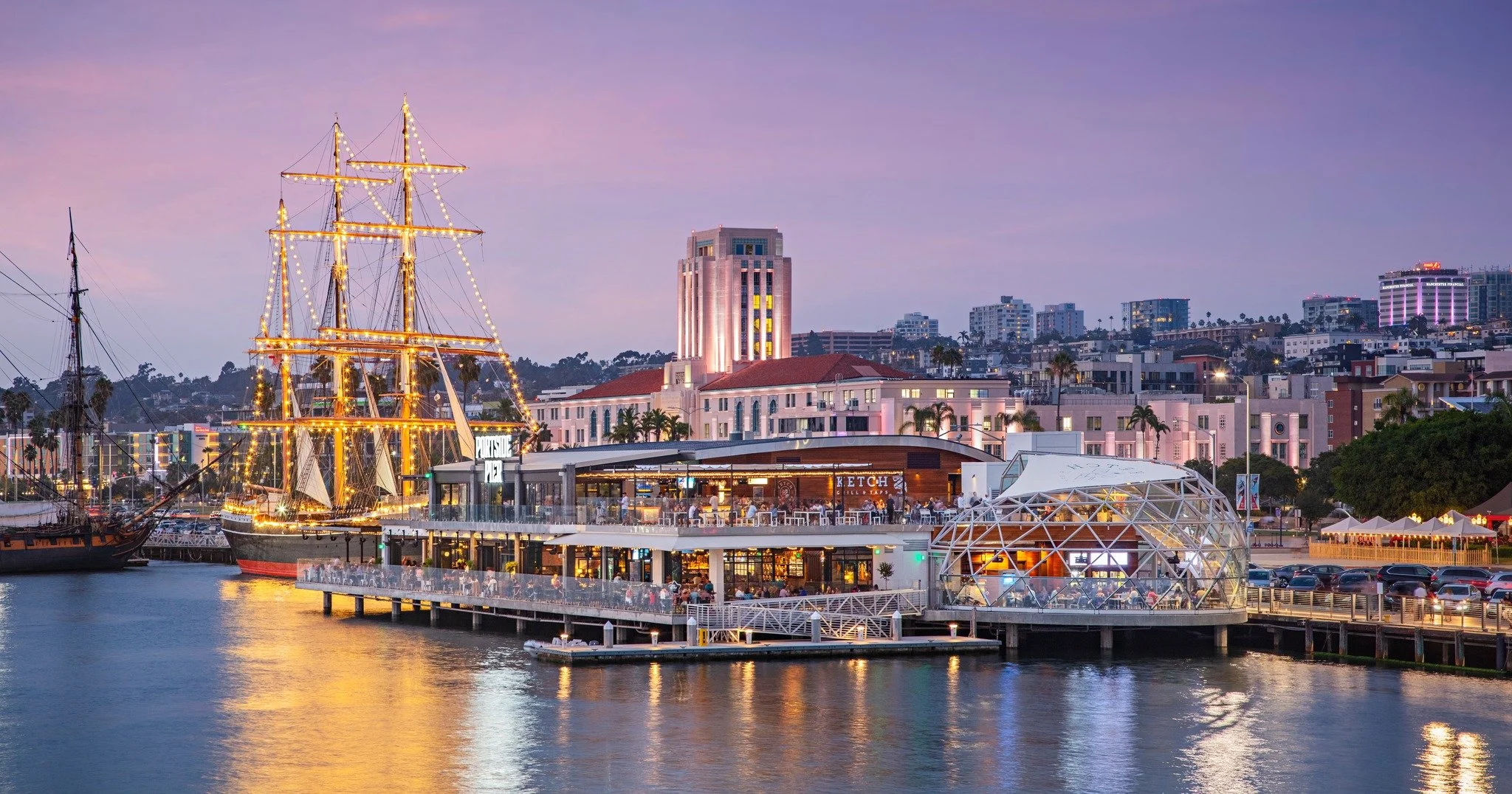 Architecture meets the waterfront at Portside Pier, a dining destination designed to make the most of its setting along San Diego Bay. 2021.
