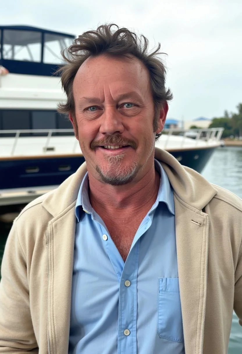 A man with light brown hair and a beard, wearing a beige jacket over a light blue shirt, standing in front of a boat dock on a cloudy day.