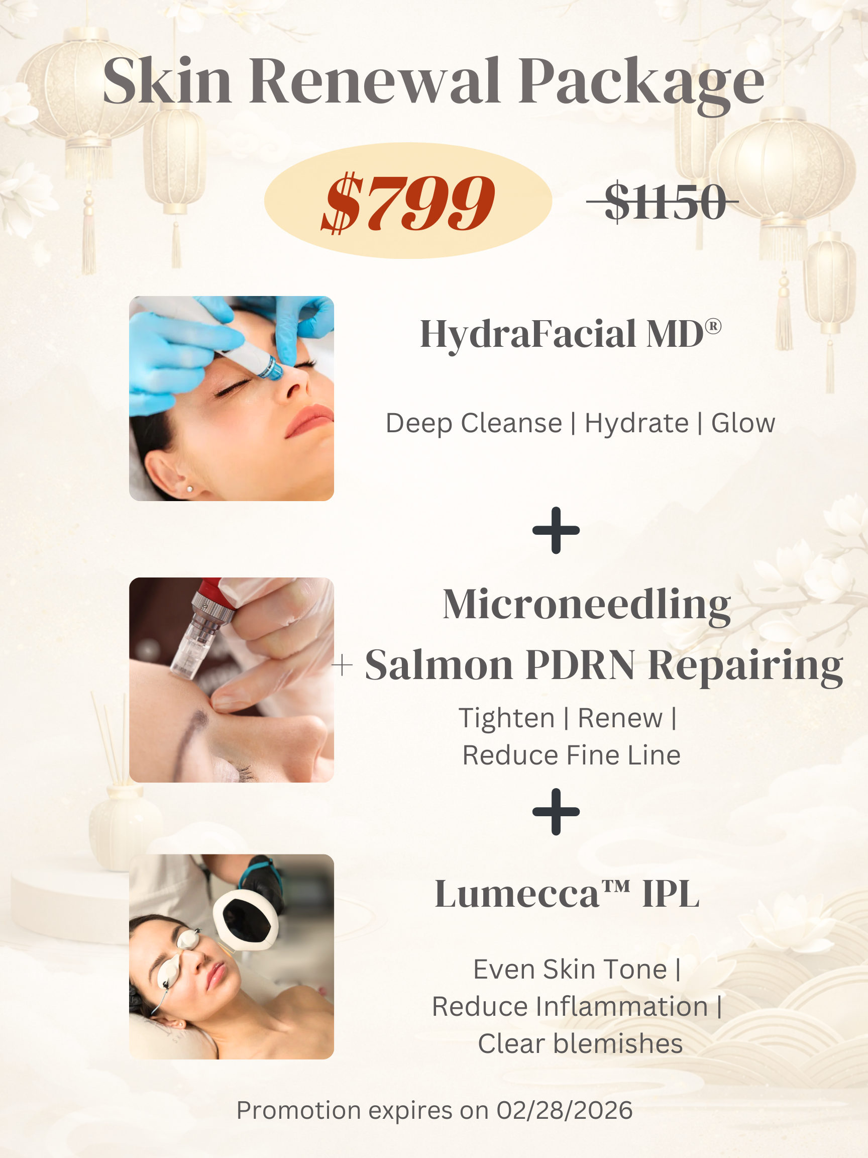 The Ultimate Refresh: New Year Glow Up package 1 featuring HydraFacial, Microneedling, and Lumecca IPL.