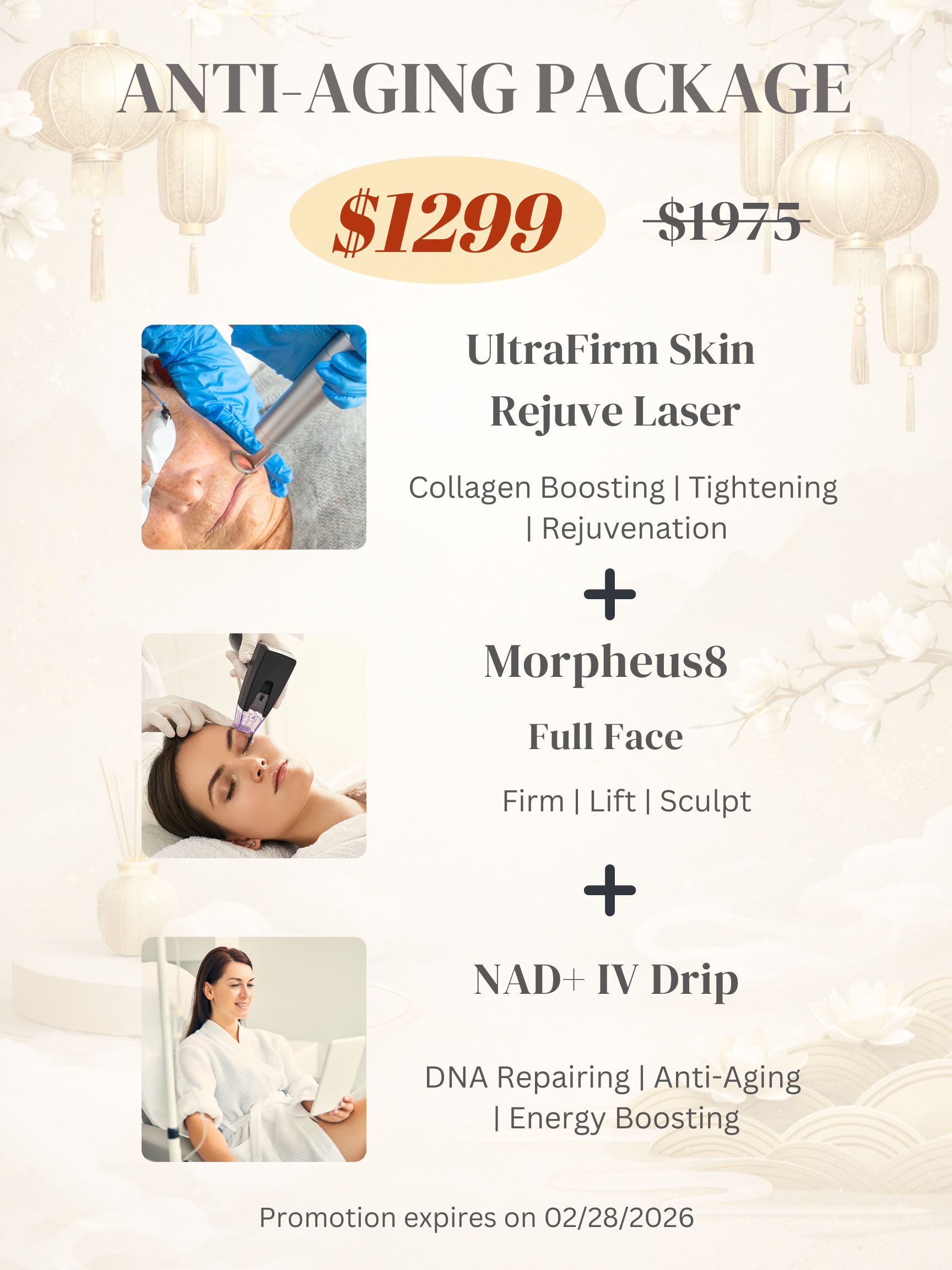 The Youthful Longevity: Advanced anti-aging package 3 including Morpheus8, Rejuvenation Laser, and NAD+ IV.