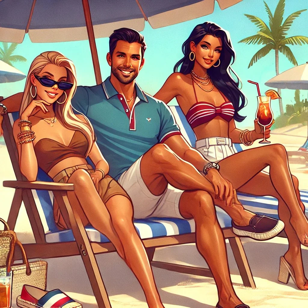 A group travel getaway with two attractive women and one attractive male travel companion for women lounging at the beach