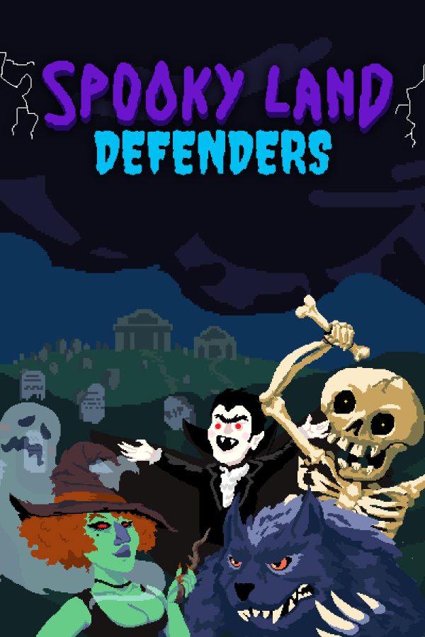Spooky Land Defenders Box Art. A ghost, Witch, Skeleton, Werewolf, and Vampire are shown in playful excitement standing in front of a graveyard.