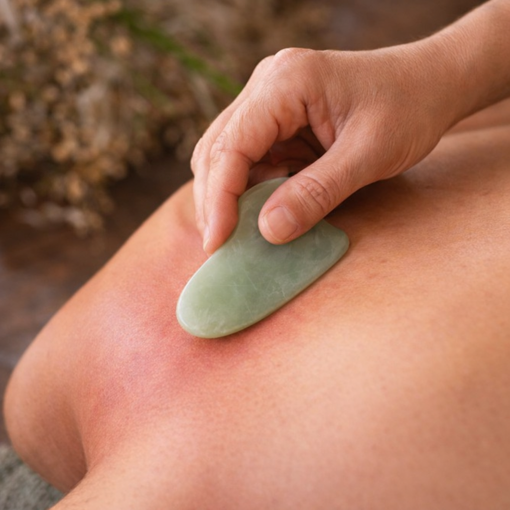 Gua Sha treatment being performed with a jade tool to support circulation and release muscle tension at Acupuncture Sanctuary in Dunsborough