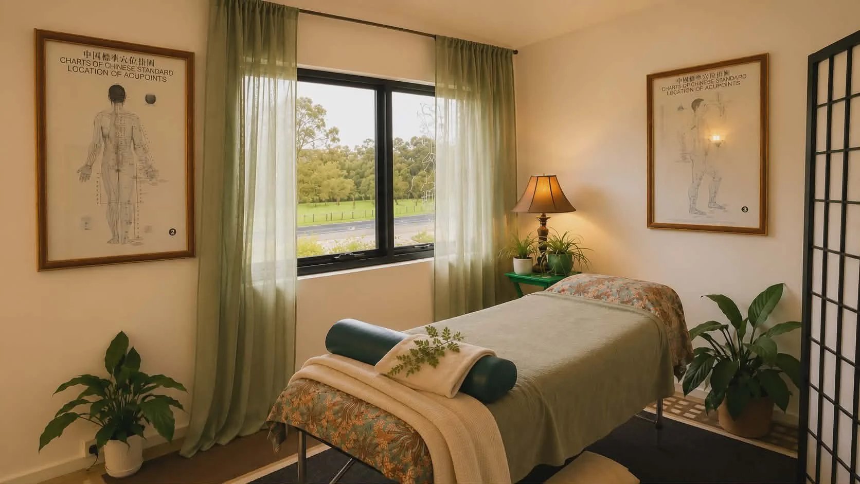 Cam acupuncture treatment room at Acupuncture Sanctuary in Dunsborough with sage green sheer curtains, treatment table, warm lamp lighting and indoor plants.