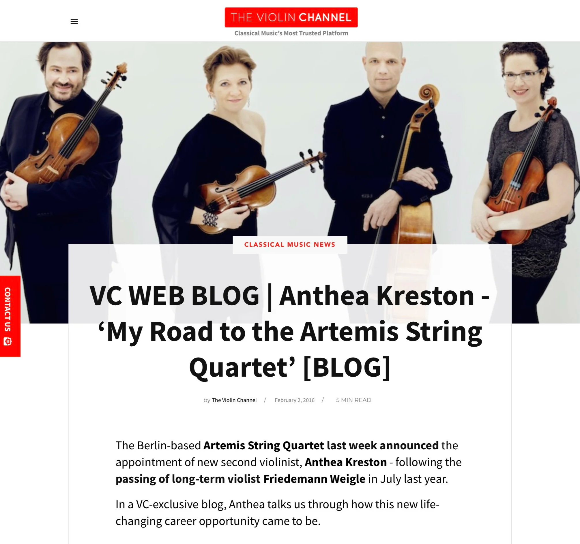 Four musicians holding violins and cellos, standing against a white background, on a webpage titled "The Violin Channel".