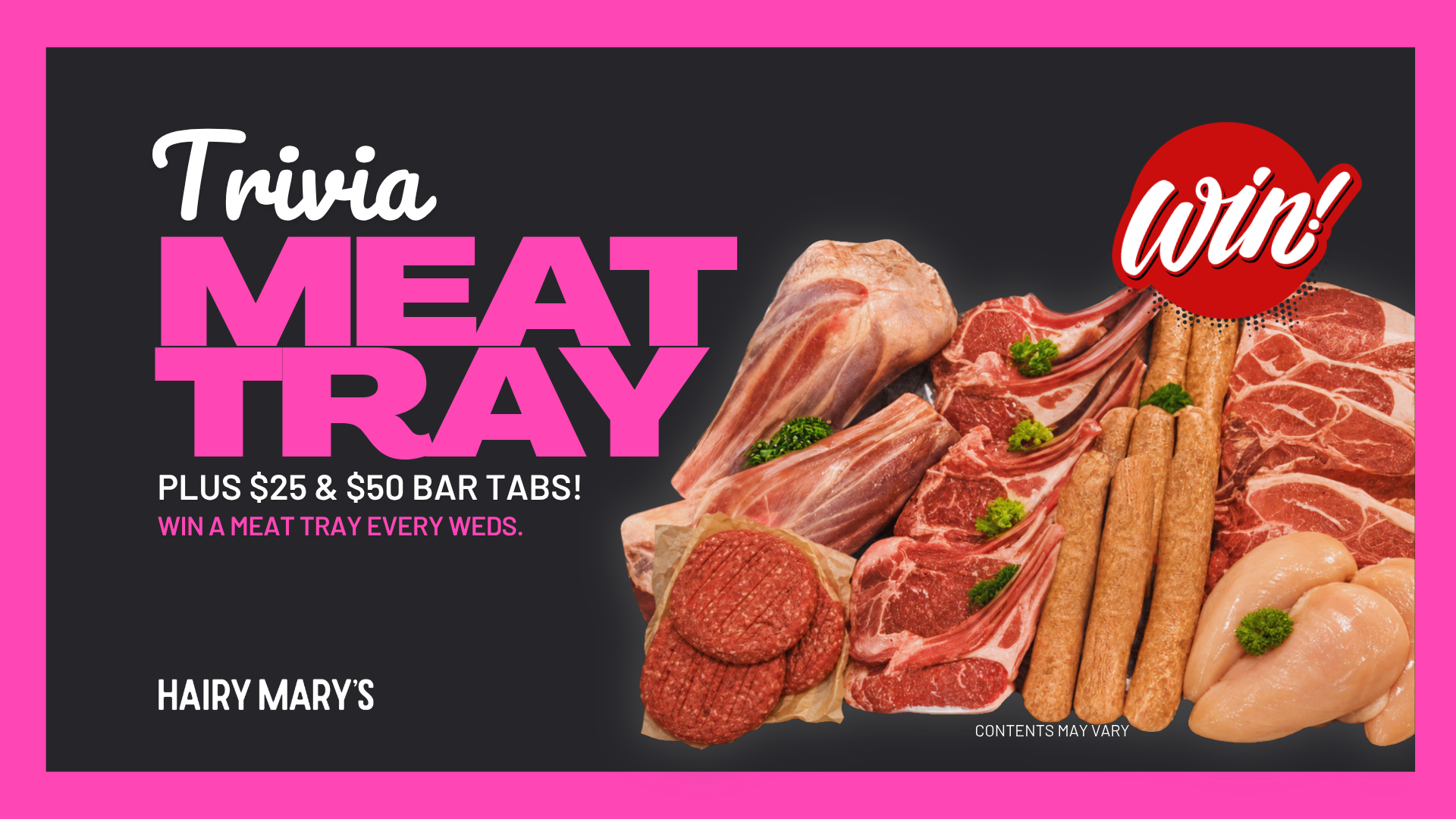 Advertisement for a meat trivia contest featuring various types of raw meat on a tray, with bold pink and white text on a black background.