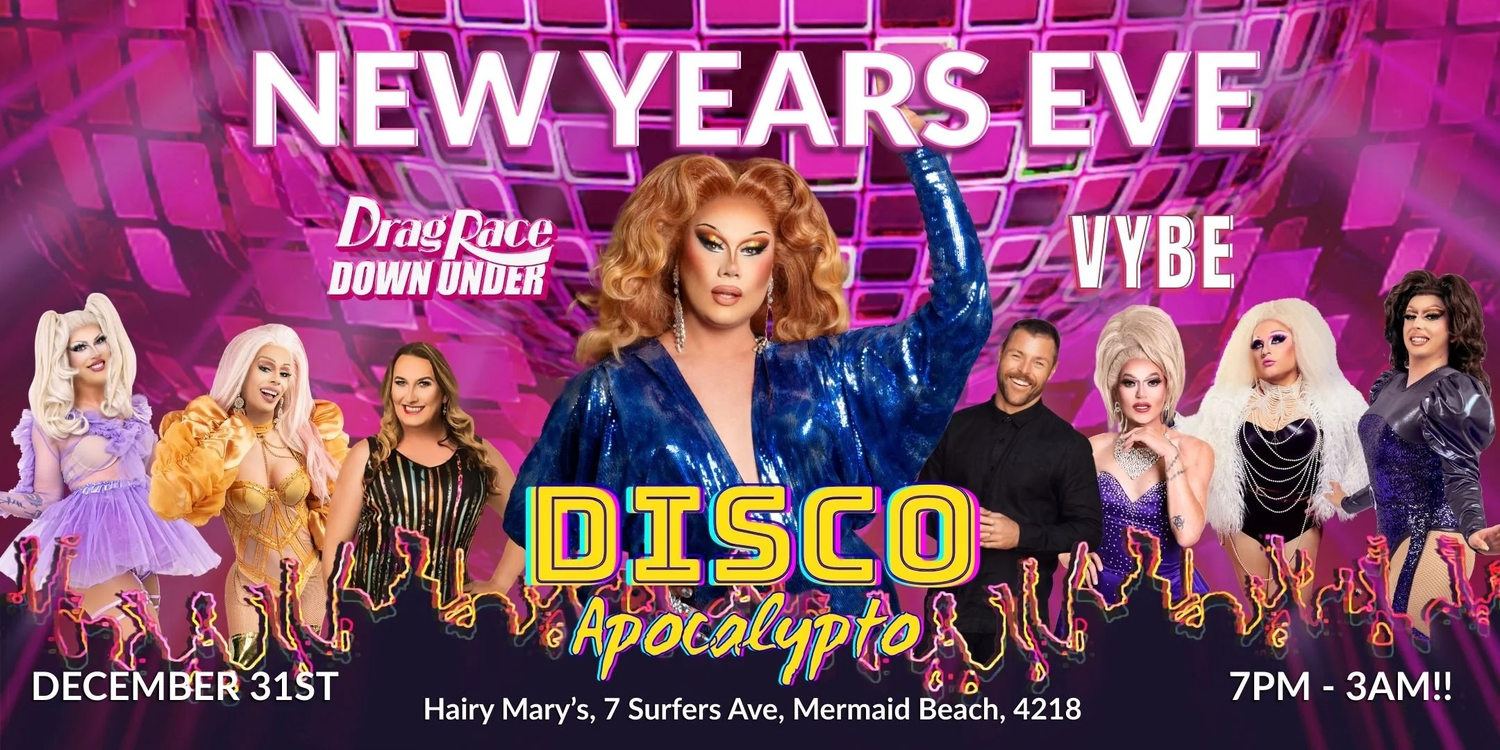 DISCO Apocalypto flyer New Years Eve with Drag queens, djs and midnight countdown