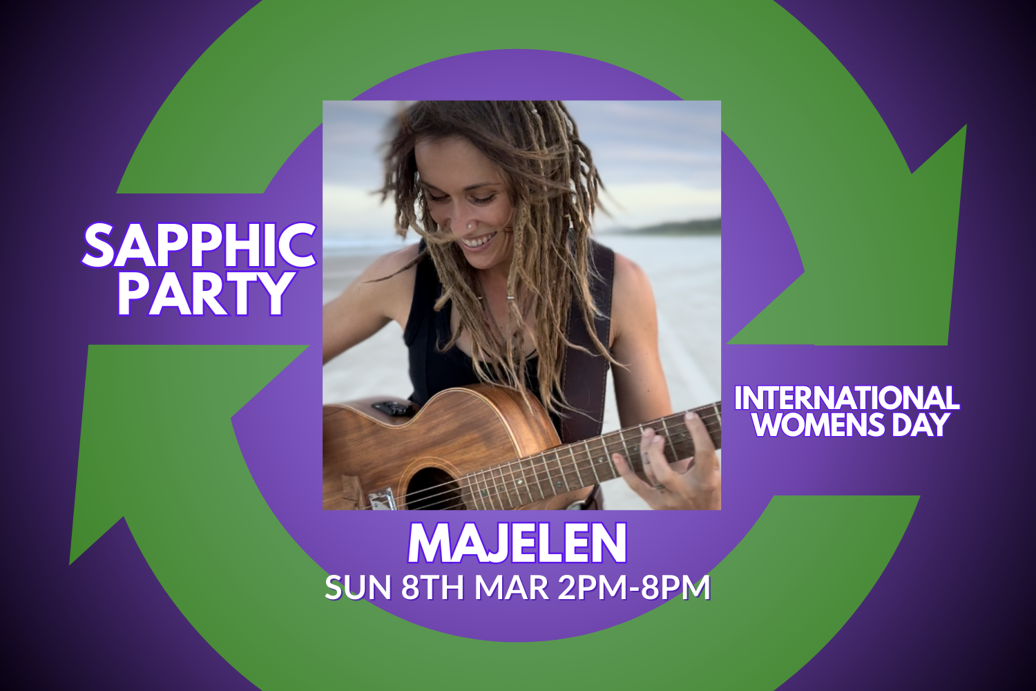 Sapphic party flyer green and purple, international womens day