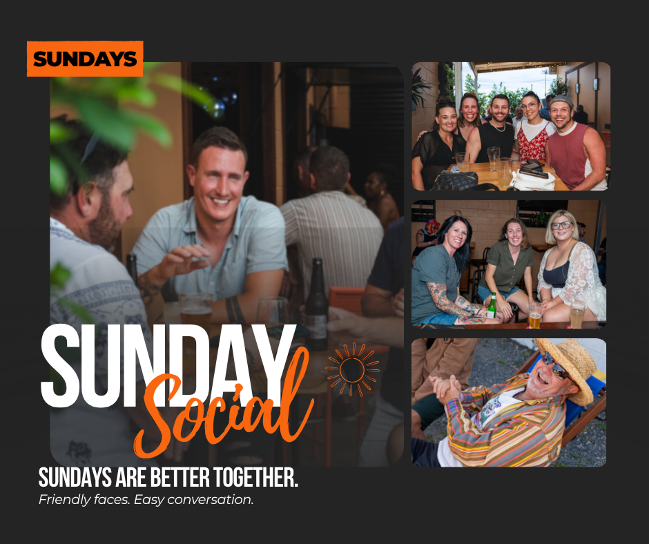 Collage of photos from a lively social gathering with friends, drinks, and pets, featuring a central text overlay announcing 'Sundays 1PM - 8PM!'