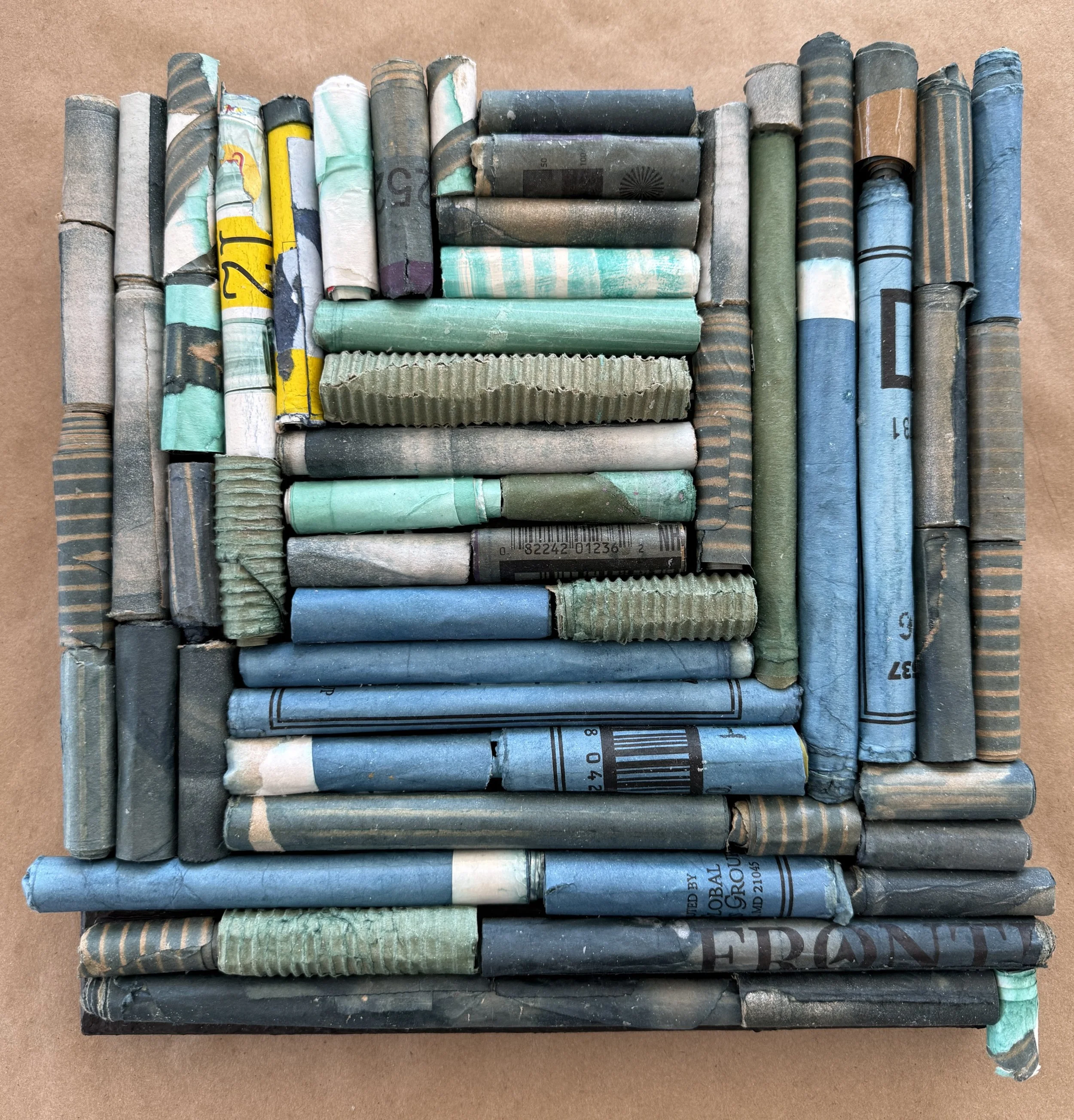 A Tight Bunch, Rally   Dye, Cardboard, Adhesive, Acrylic on Canvas, 12 x 12 x 1.25"