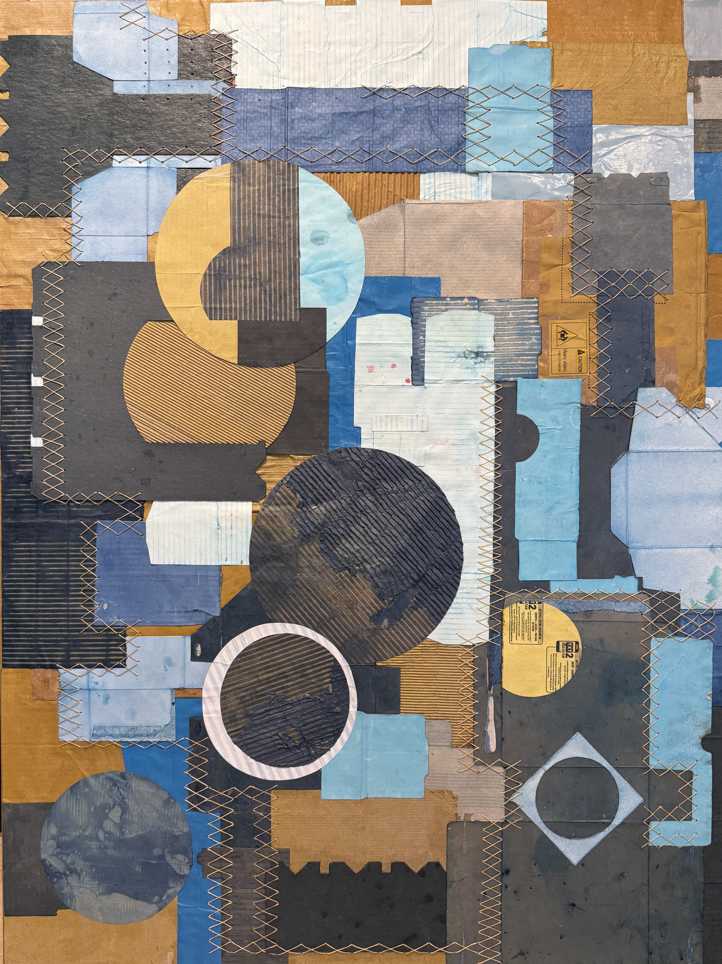 ATB, Home Sewn  Acrylic, Bookbinding Thread, Dye, Cardboard, Wrapping Paper, Tape, Archival Adhesive on Cradled Board, 36 x 48 x 2 ⅛"