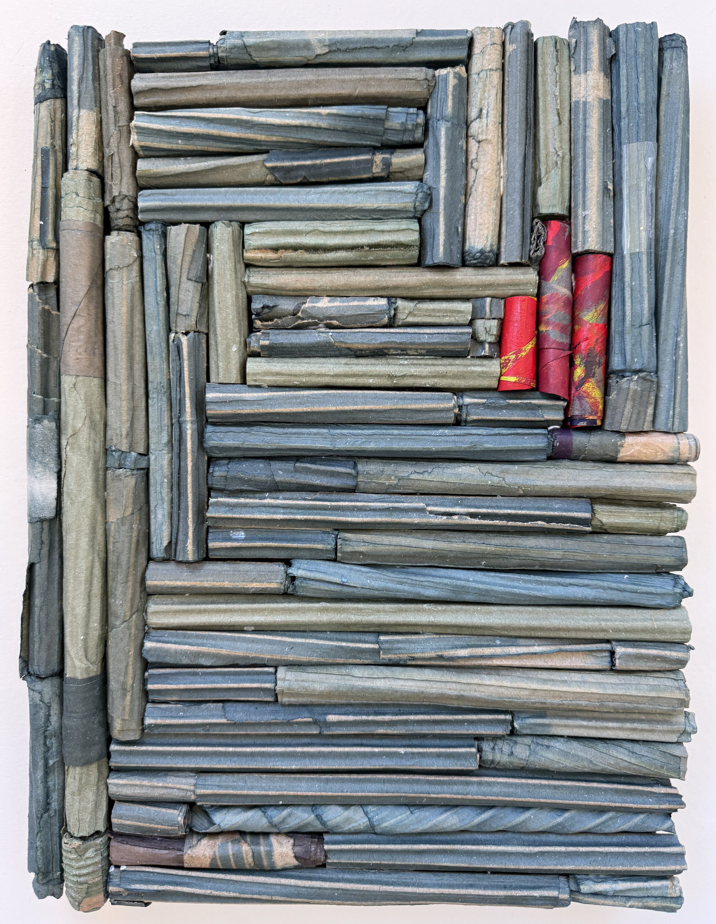 ATB, Not Like Us  Acrylic, Dye, Cardboard, Tape, Archival Adhesive on Linen, 12.25 x 16.25 x 1.75"