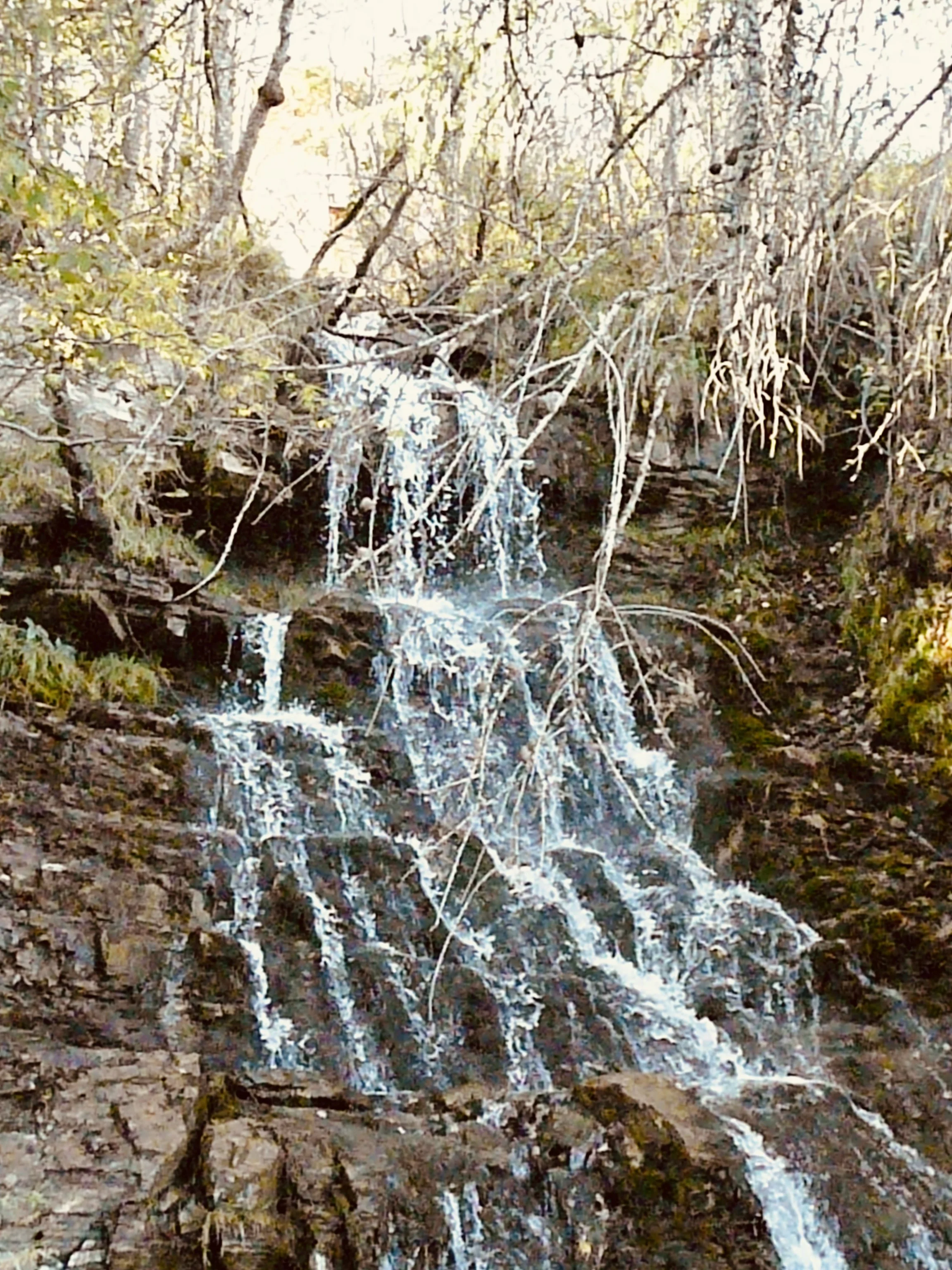 Ein kleiner Wasserfall im Wald mit gefrorenem Wasser an den Zweigen und Felsen.