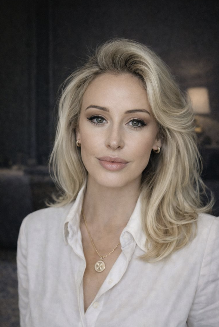 Portrait of a woman with blonde hair wearing a white shirt and gold jewelry, in a softly lit indoor setting.