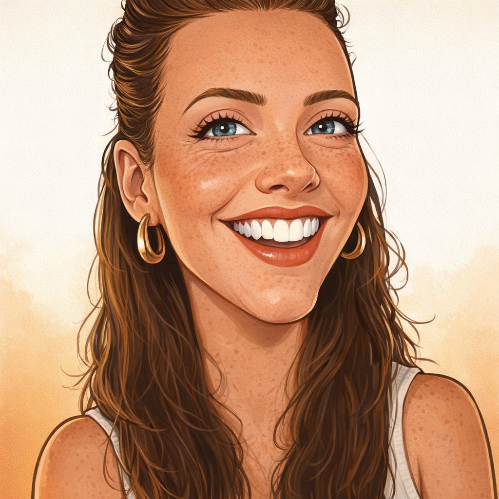 A woman with shoulder-length brown hair, wearing clear glasses, a white ribbed top, and a light blue denim jacket, standing against a plain white wall.