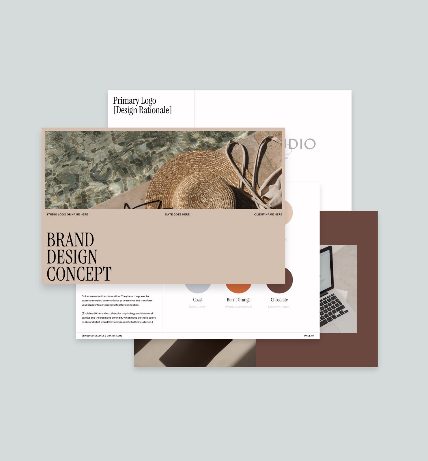 A collection of branding and design concept documents with images, text, and color palette information, layered on a light background.