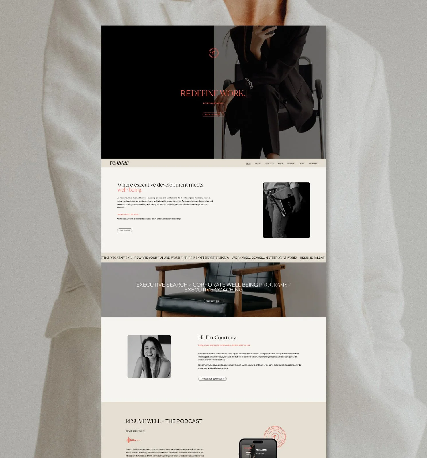 A website homepage displayed on a screen, showing a professional services firm with sections about executive development, coaching, and a team member's introduction, overlaid on a background of a person in business attire.