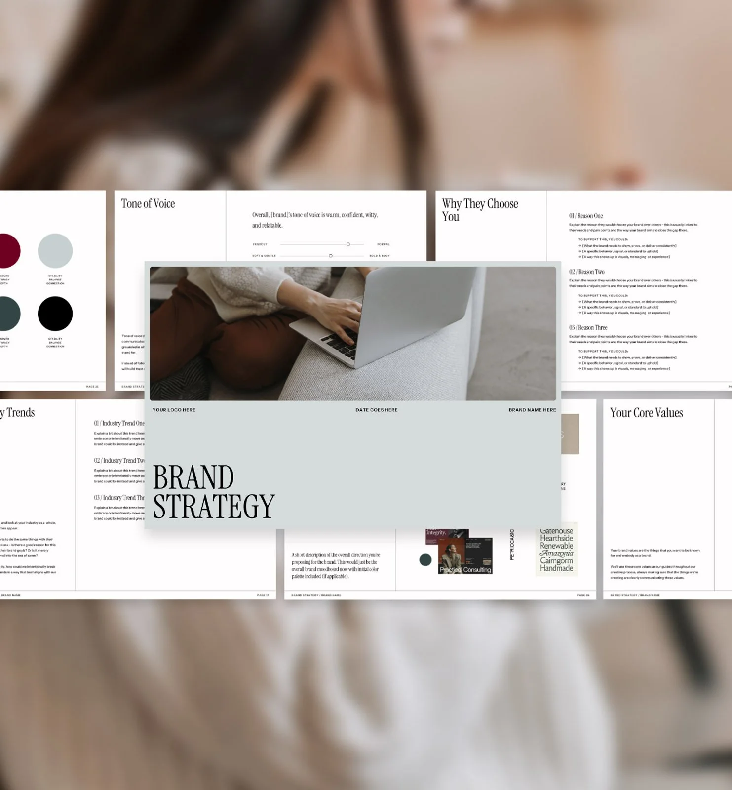 The image shows a collage of various business and branding documents, including a cover page titled 'Brand Strategy', infographics, and text explaining brand ideation and core values. There is also a partial view of a person using a laptop.