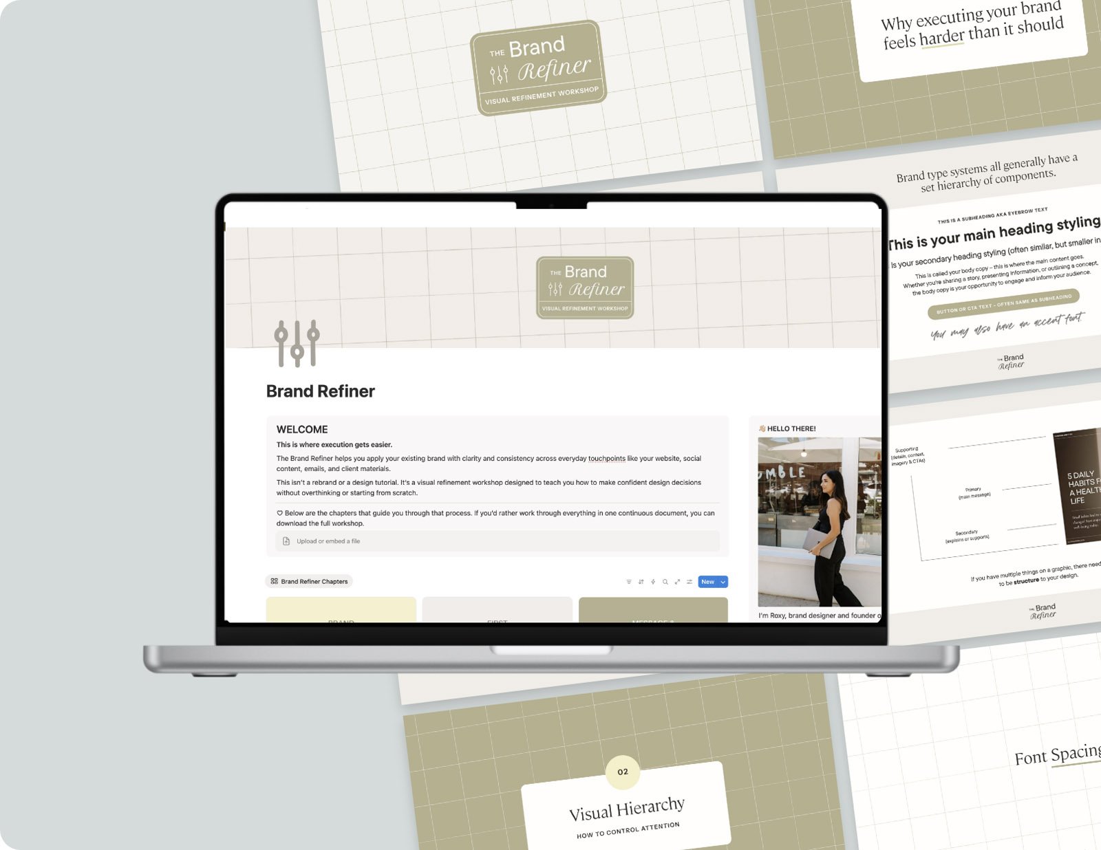 A laptop displaying a website titled "Brand Refiner" with the subtitle "Visual Refinement Workshop" and a logo at the top. The background shows several pages with design and text, including sections about brand hierarchy, font spacing, and content structure.