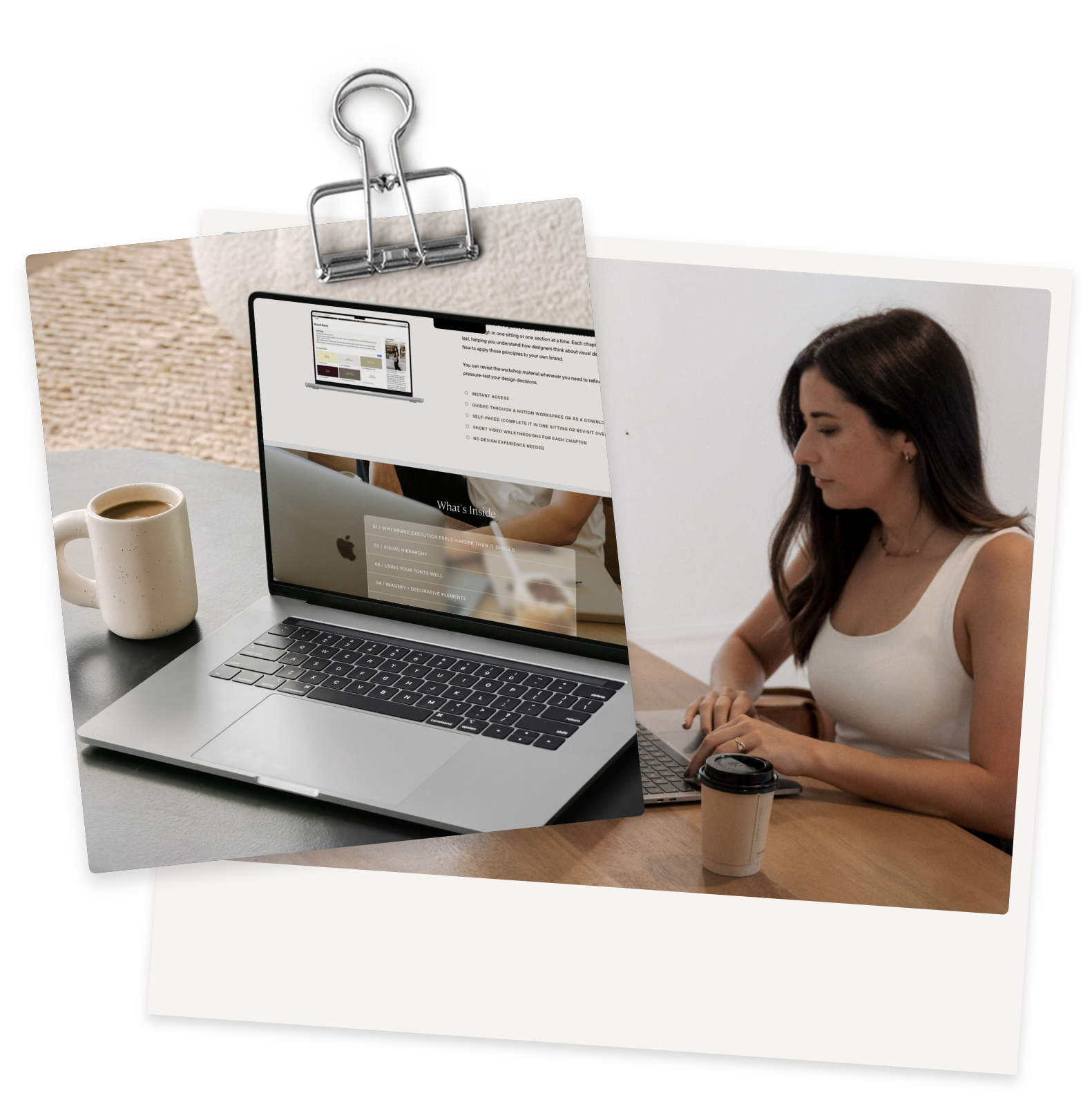 A collage of three overlapping photos on a black background. The first photo shows a coffee mug on a gray table next to a silver laptop displaying a website with a woman holding a cup. The second photo depicts a person sitting at a desk with a coffee cup, working on a laptop, with a woman with long dark hair and a white sleeveless top visible in the background.