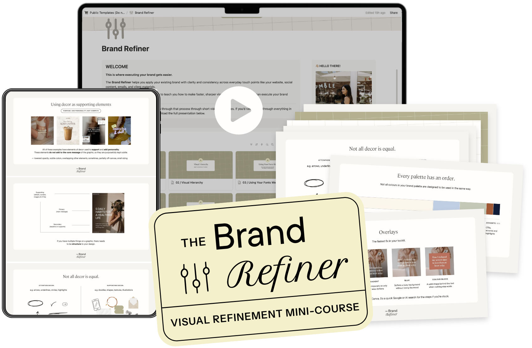 Screenshot of a digital course titled 'The Brand Refiner', featuring slides about visual hierarchy, color palettes, overlays, and decor supporting elements, with overlapping screens and a beige course banner.