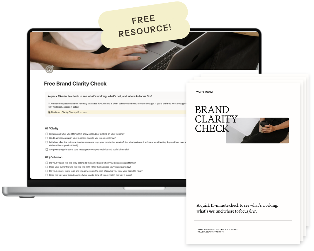 Laptop displaying a digital document titled "Free Brand Clarity Check" with a person using it, alongside a printout of the same document titled "Brand Clarity Check," offering a quick 15-minute checklist to evaluate brand clarity and focus.