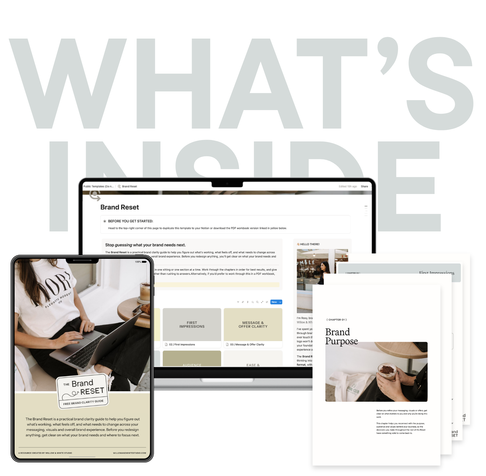 Multiple screens showing website templates, including branding and messaging guides, featuring a woman with a laptop, a person holding a coffee, and a website titled 'Brand Reset' with various sections about brand clarity and purpose.