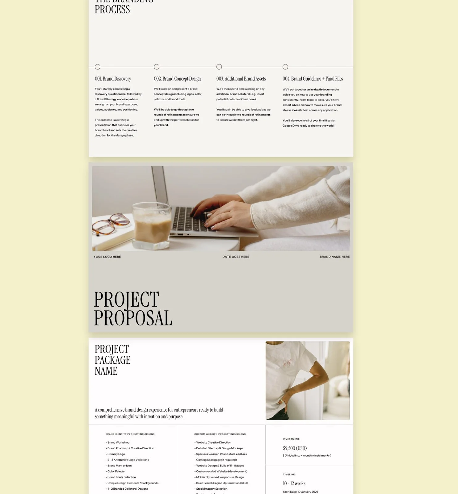 A project proposal document with images and text, including a photo of a person working on a laptop with a coffee drink and glasses on a desk. The document contains sections on branding, project details, and costs.
