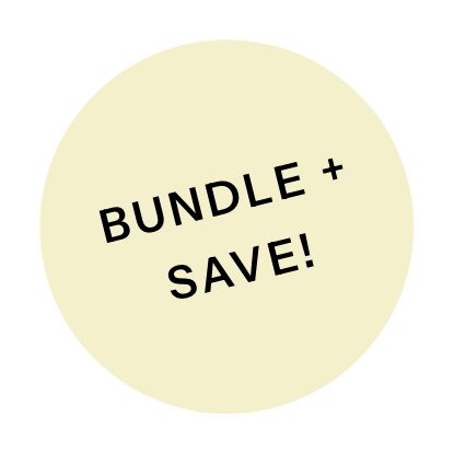 A beige circle with black text that says 'BUNDLE + SAVE!'
