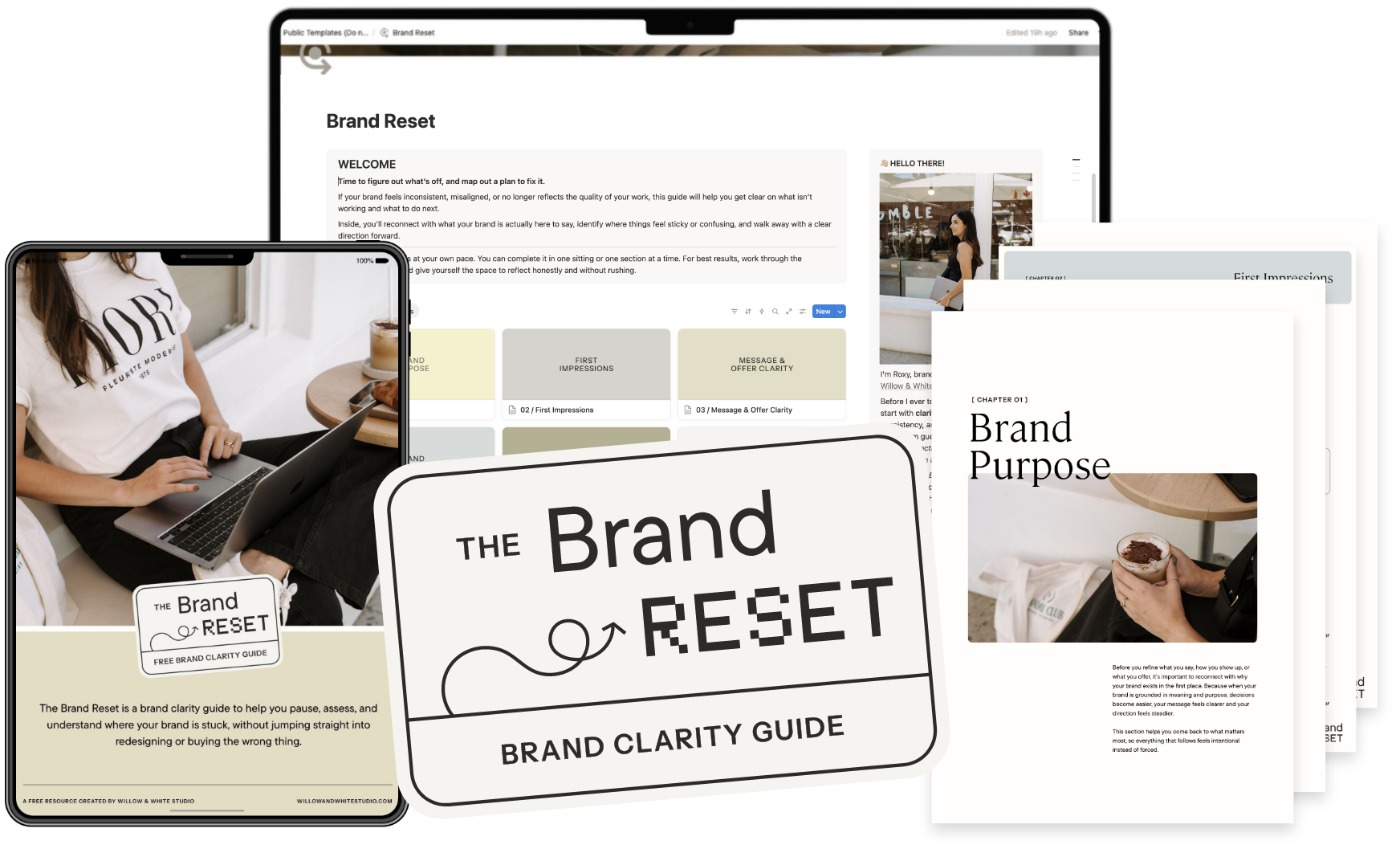 Collection of digital devices and printed materials related to the Brand Reset guide, including a tablet displaying an introduction to brand clarity, a phone showing a woman with a laptop, and multiple pages or e-books titled 'The Brand Reset' and 'Brand Purpose.'