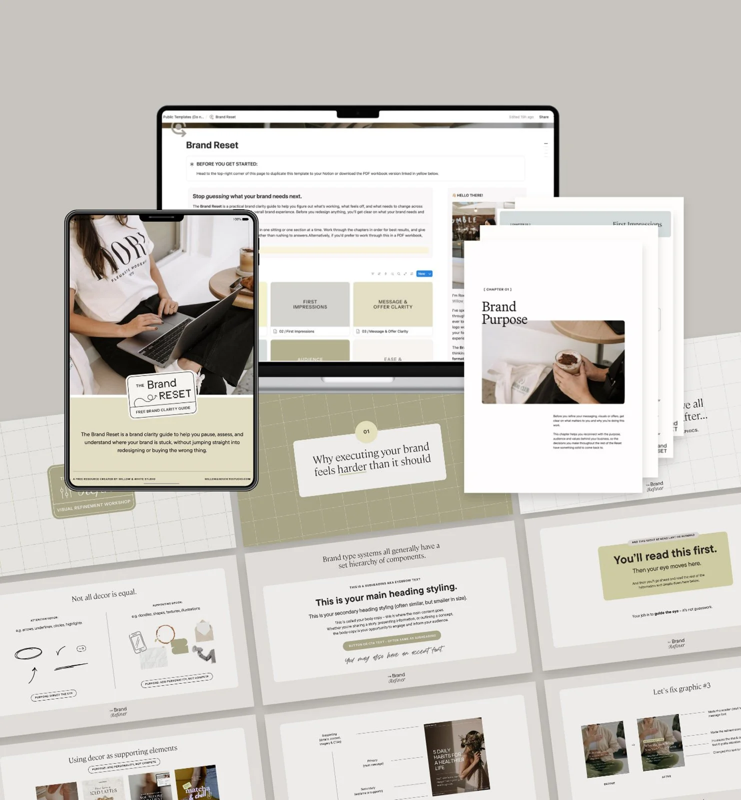 Multiple digital screens displaying a branding guide with text about brand reset, brand purpose, and styling, with a woman using a laptop on one of the screens.